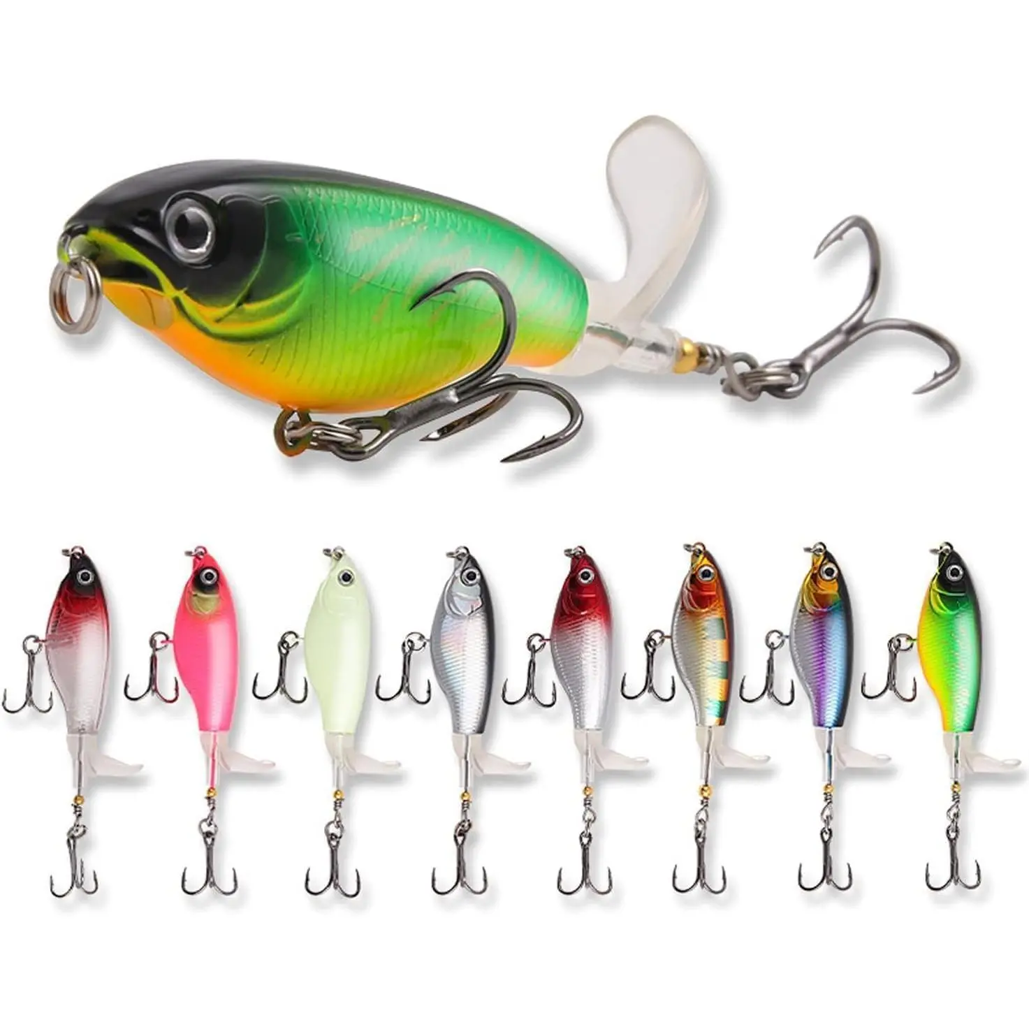 1 count Green Topwater Fishing Lures Bass with Floating Tractor Rotating Tail Barb Treble Hooks Artificial Hard  Swimbait Lures Surface Crankbait for Bass Trout Walleye Pike Musky Fishing Topwater