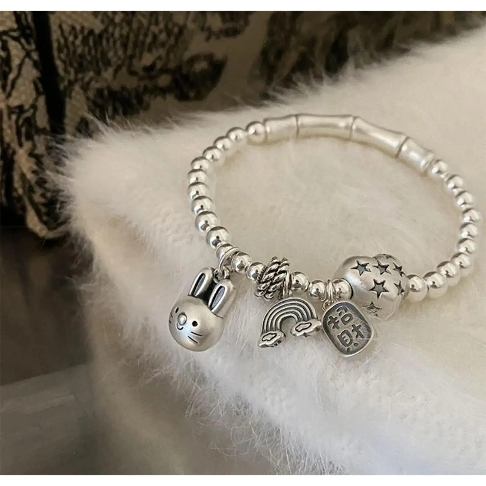 925 Sterling Silver Bracelet, Romantic Baroque Style with Peppy Heart & Rabbit Charm, Adjustable Unisex Jewelry, Birthday Gift, Adjustable Bracelet, Ethnic, Birthday Gift Ideas, Daily, Luxury, Fashion, Retro