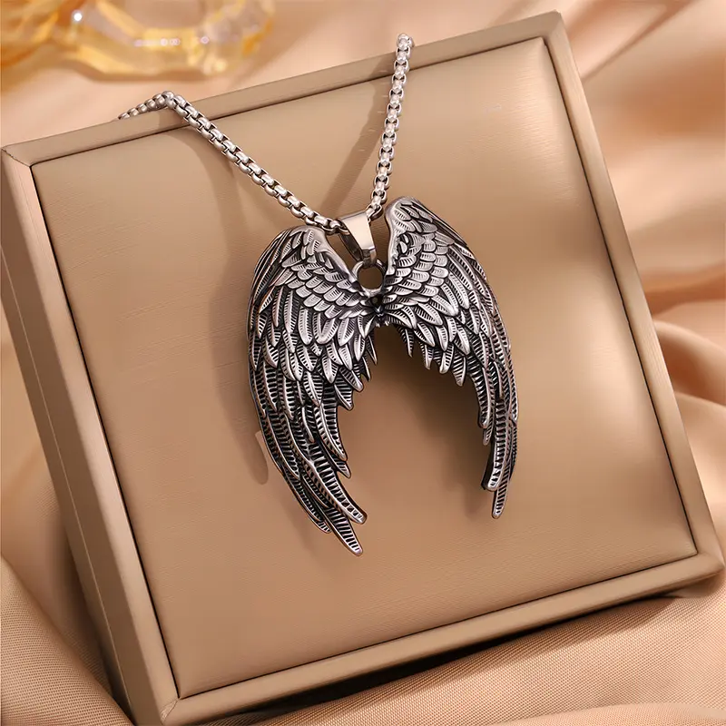 Men's Gothic Angel Wing Stainless Steel Necklace - Anti-Tarnish Carved Feather Pendant on Box Chain, Everyday Wear Chain Jewelry Necklaces