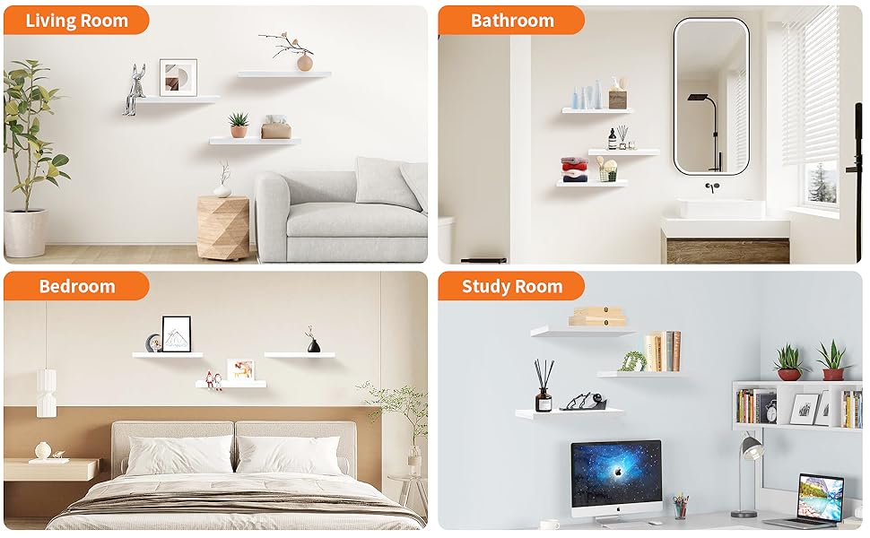 BASIC SUPPLY White Floating Shelves for Wall Set of 3, 16" White Shelves for Home Decor, Frame Display Wall Mounted Floating Shelf for Living Room, Bedroom, Bathroom, Kitchen