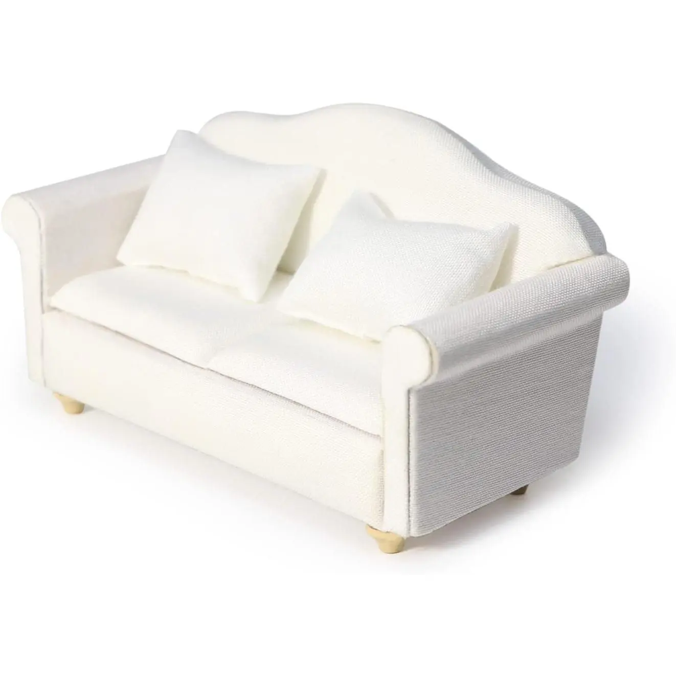 1/12 Scale White Pre-Assembled Miniature Sofa Set - 3 Pcs Upholstered Fabric & Wood Couch with Pillows, Loveseat, Mini Accessories for Dollhouse Living Room Decoration, Diy Decor