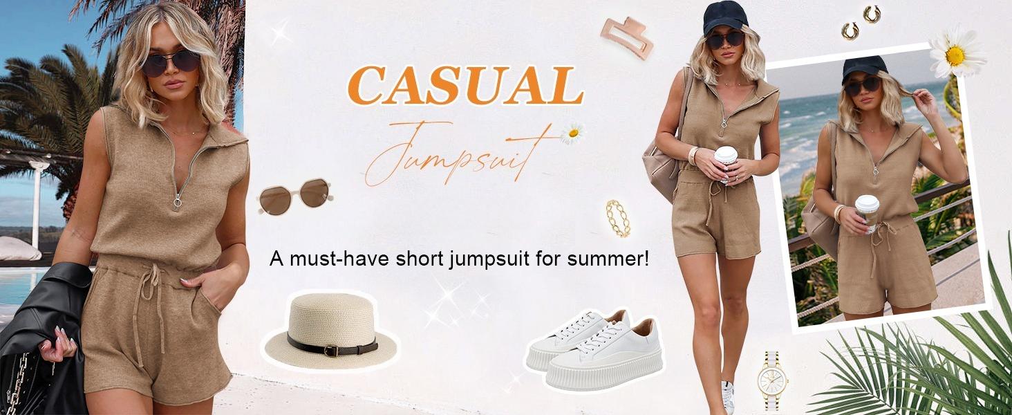 PiePieBuy Women's Casual Sleeveless Short Rompers Summer Half Zip Lapel Collar Drawstring Knit One Piece Jumpsuit with Pockets