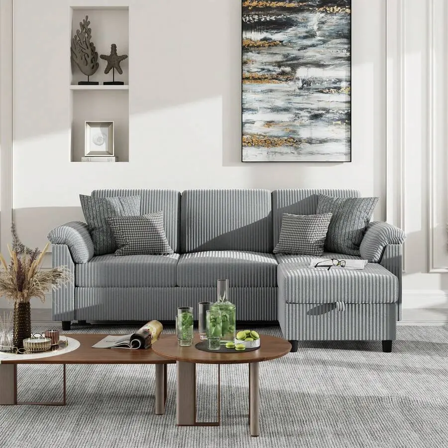 79" Reversible 3-Seat L-Shaped Linen Sectional Sofa Couch - Modern Linen Upholstery, Soft Armrests, Removable Pillows for Living Room, Apartment, L Shaped Couch, Three Seats