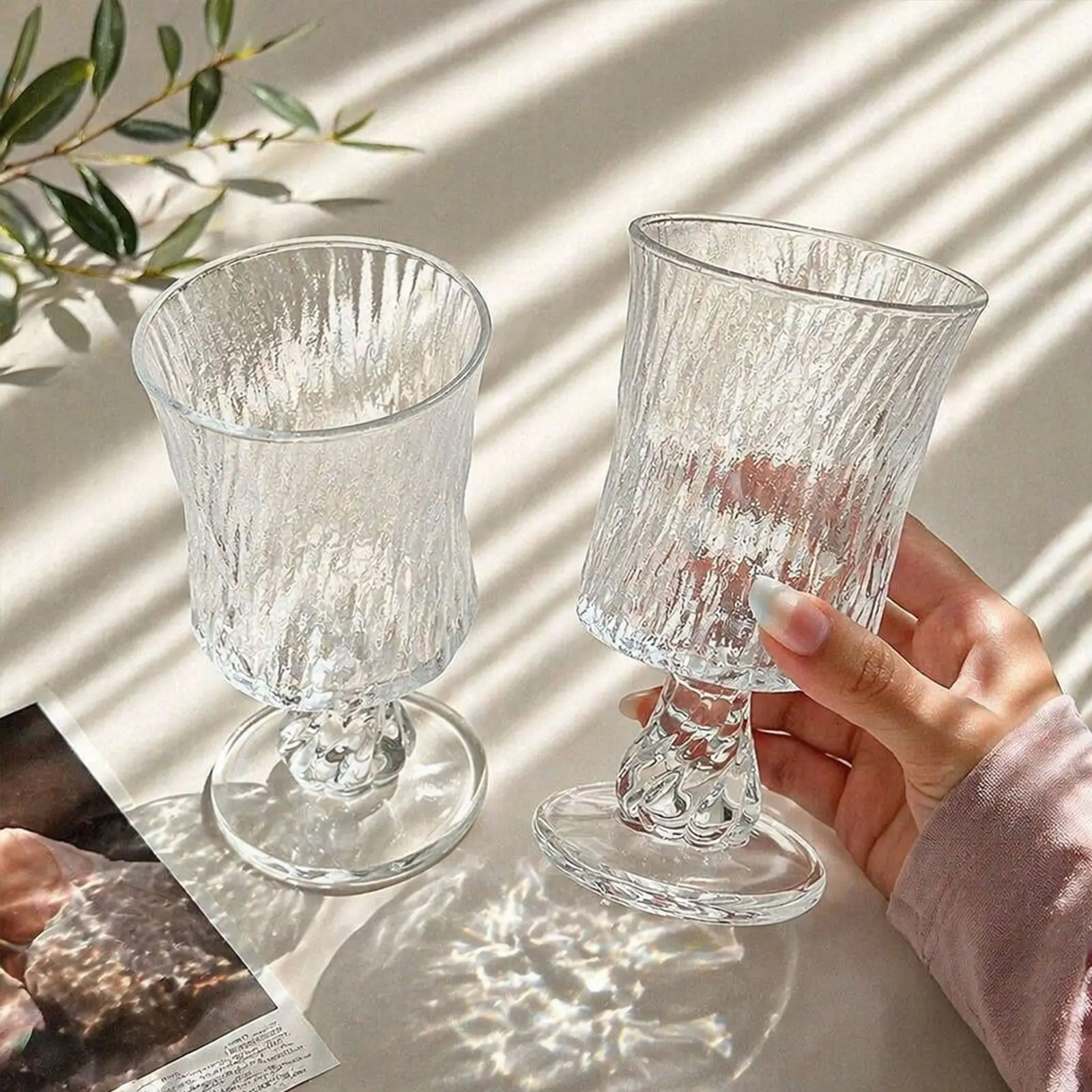 Vintage Textured Glass Goblet with Pedestal Base, Clear Decorative Drinking Glass for Juice, Cocktail, Dessert & Tableware