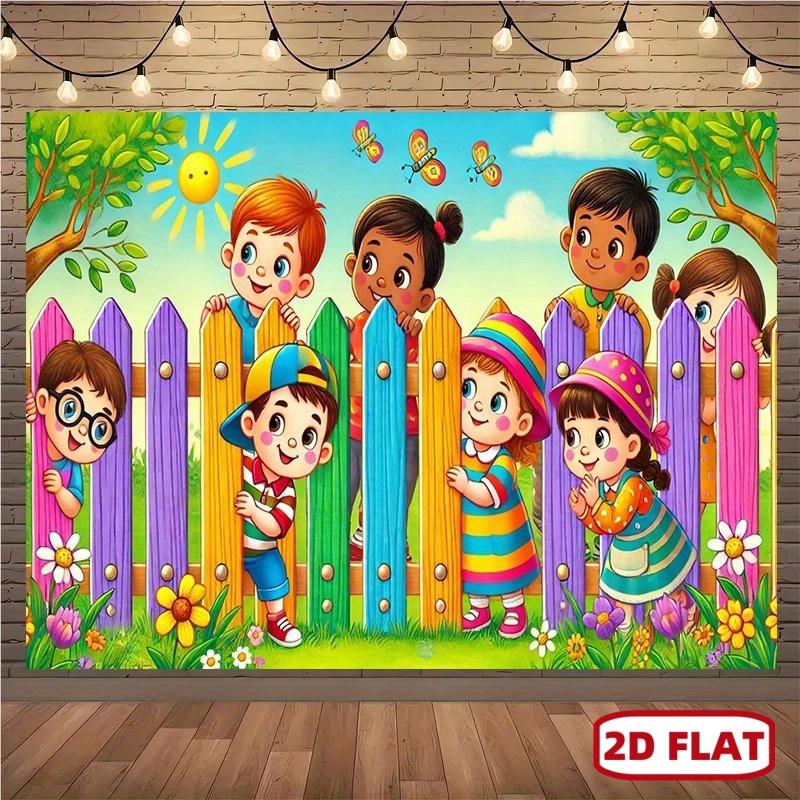 1pc Vibrant Playground Scene Backdrop, 8x6ft Polyester Wall Banner - Colorful Fence, Sun, Flowers, and Happy Faces, Perfect for Home Decor, Parties, Studios, and Outdoor Celebrations, Party Backdrop | Playful