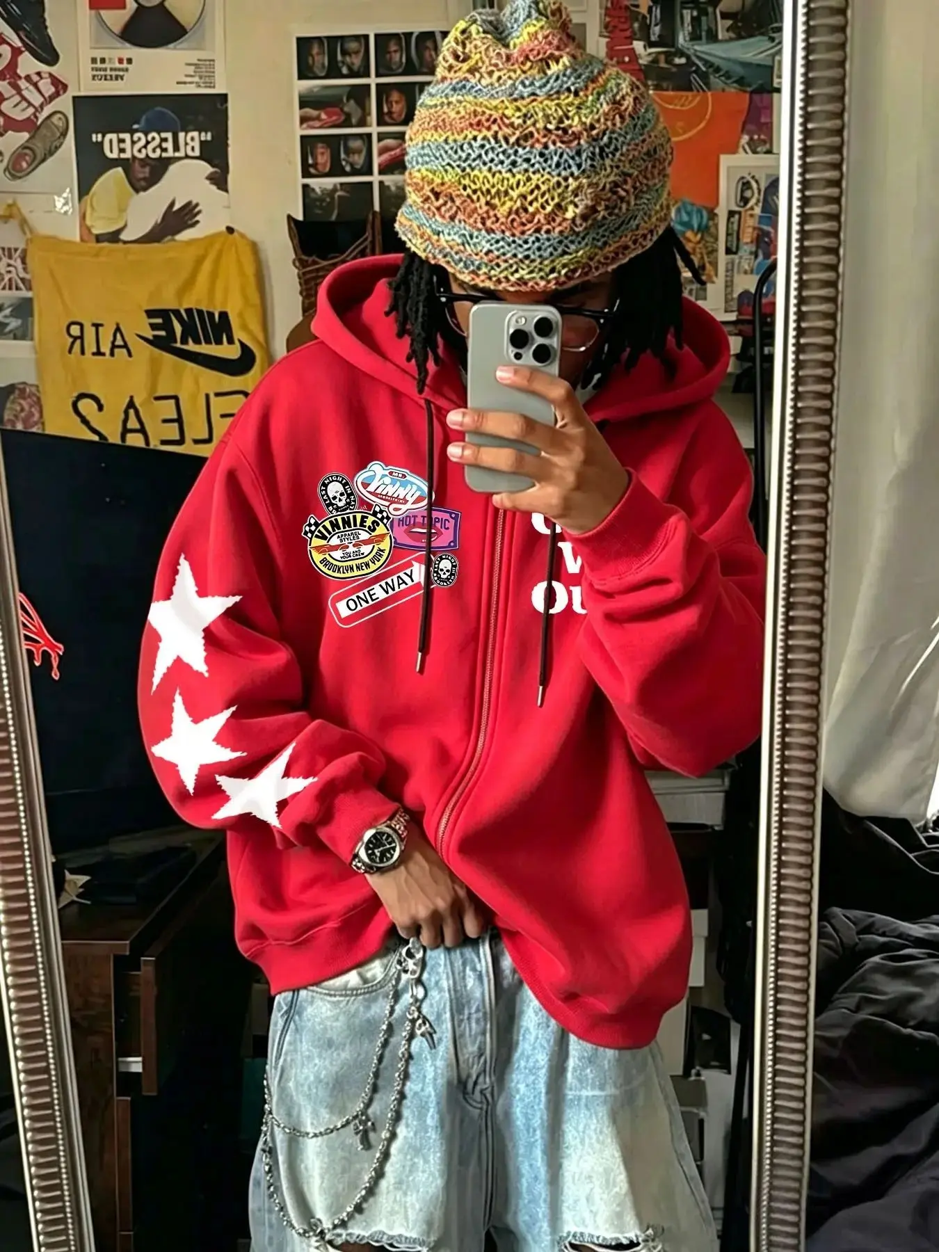 Hoodie Jacket Men Y2K Red Multi Patch Star Sleeve Full Zip Top for Unisex Streetwear Daily Wear