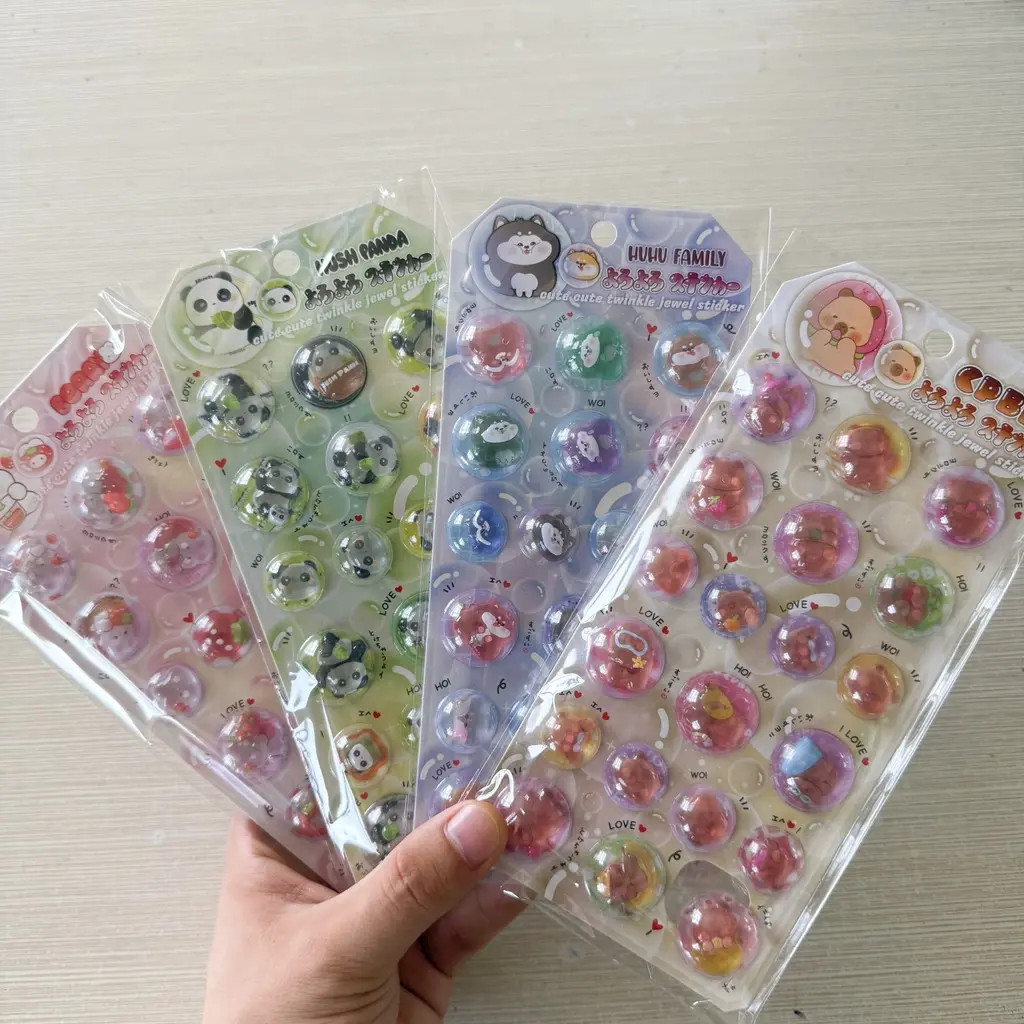 4 Sheets Cute Animal 3D Crystal Bubble Stickers Shiny Gem Decals for Water Bottle Phone Case Helmet Aesthetic Decor