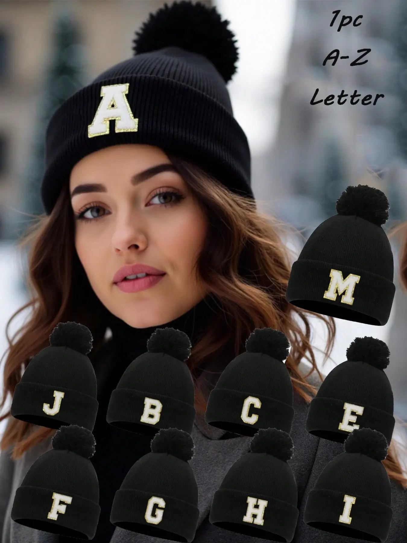 1PC Black Pom-pom Knit Hat With Custom A-Z Letters, Soft Windproof Winter Cap, Versatile Head Wrap For Daily Walking And Skiing, Nice Birthday & Holiday Gift For Young Adults, Elders And Family Members