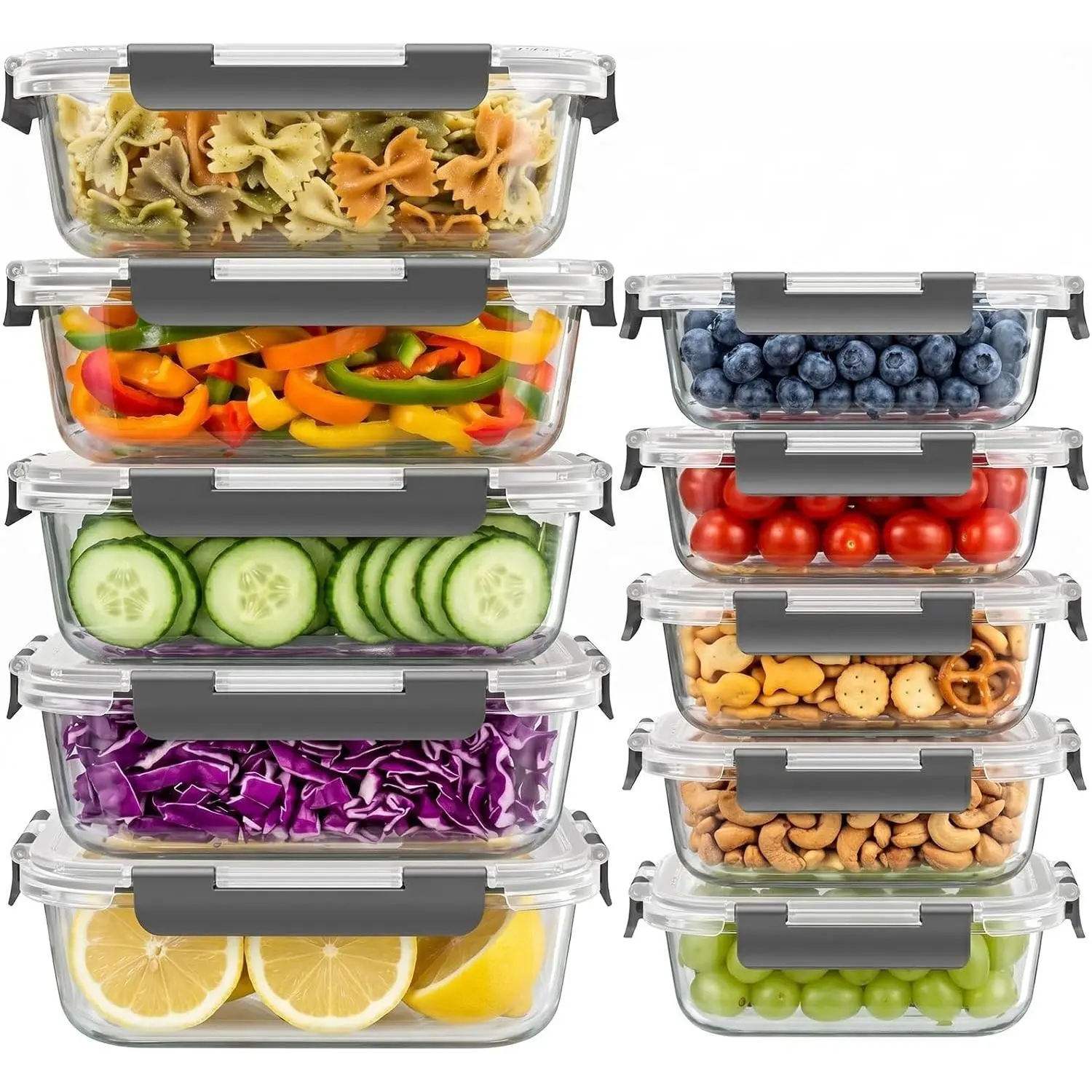 10 Sets (20-Piece) 36 oz & 12 oz Glass Food Storage Containers with lids, Airtight Leak-proof Glass Meal Prep Containers with Lids, Microwave Oven Freezer Dishwasher Safe, Gray