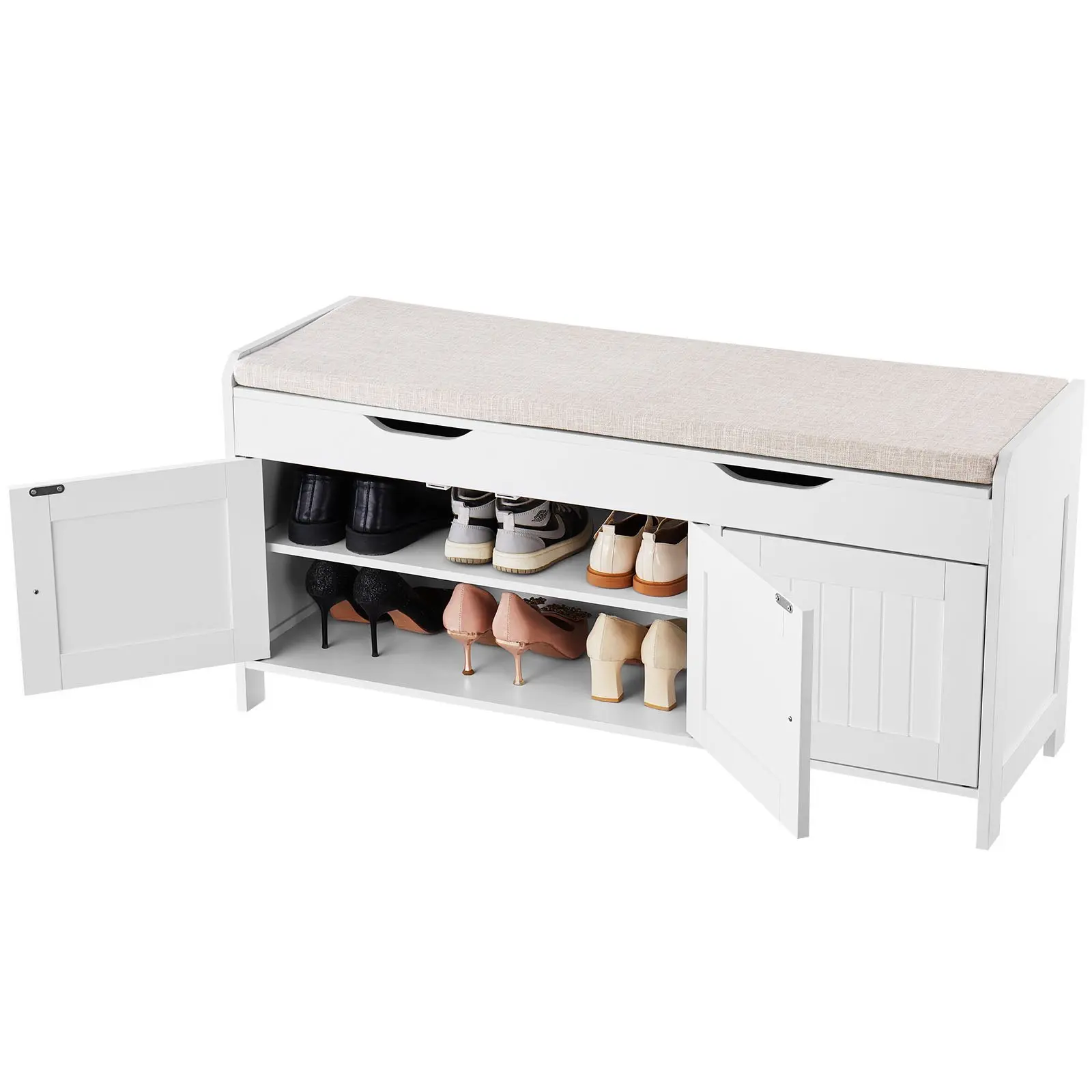 VEVOR Pet Entryway Bench with Storage, 41.3x13.8x19.8in Space Saving Furniture, Lift-Top Seat with Linen Seat Cushion, 250lbs Capacity, 3 Cabinets, Height Adjustable Shelf, White+Black for Bedroom Use, 41.3 X 13.8 X 19.8 Inch