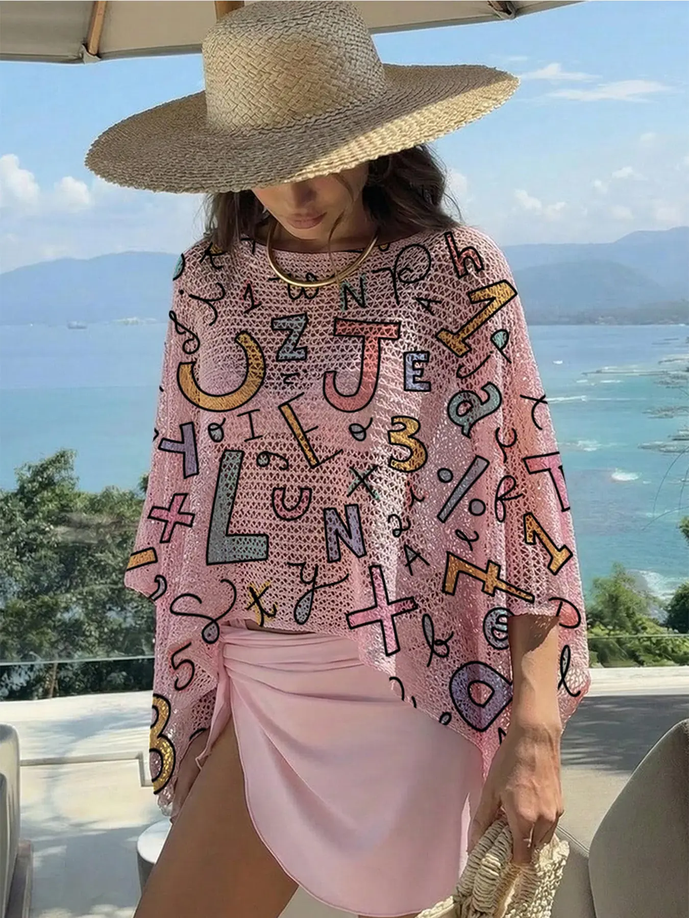 Elegant Women's Summer Top, Colorblock Letter Print, One-Shoulder Long Sleeve Knit, Breathable Loose Fit, Casual Vacation Style