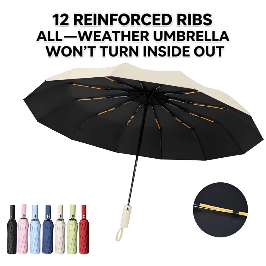12-Rib Fully Automatic Windproof Business Umbrella, Anti-UV Coating, All Weather Sun & Rain Use, Durable Design, 1pc