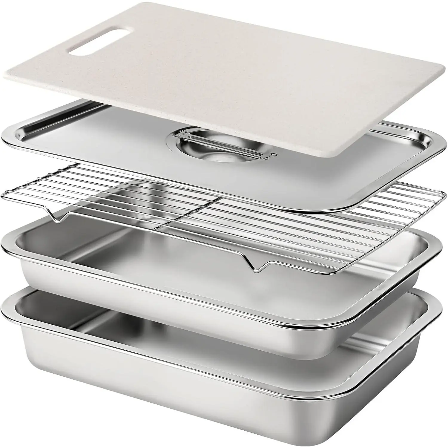 Stainless Steel BBQ Grilling Prep and Serve Tray Set, Food Preparation Container with Lid, Cutting Board, Wire Rack and Marinade Pan for Outdoor Cooking,Grill Gifts for Grill Lovers