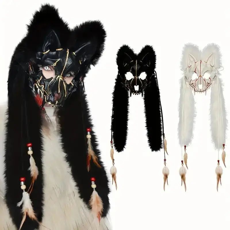 Furry Wolf Skull Mask, Halloween Werewolf Cosplay Costume with Viking Wendigo Style Fur Headpiece, Realistic Animal Horror Mask with Comfortable Fit for Costume Party, Fantasy Events, Cosplay Festival and Theme Parties