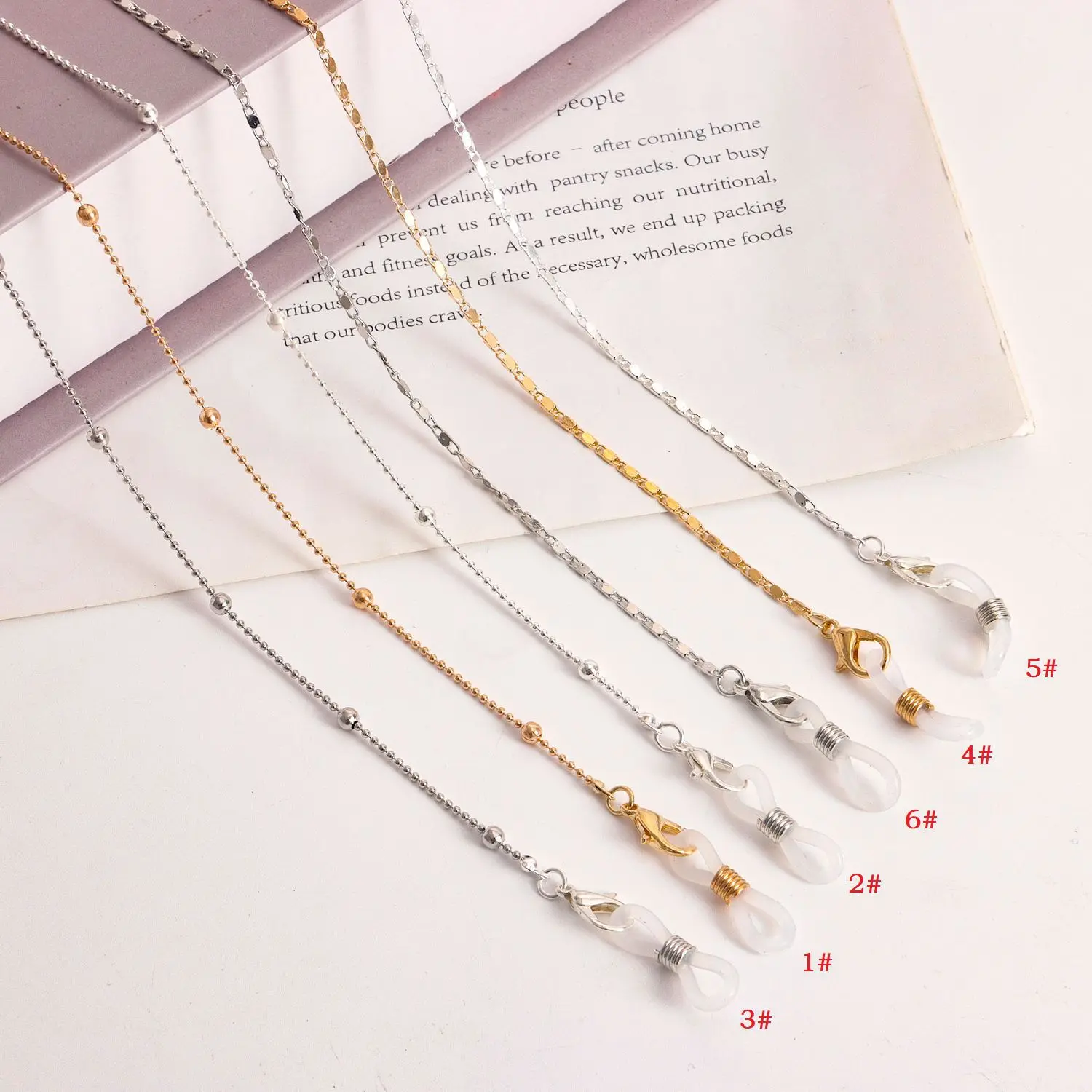 6PCS Dainty Thin Flat Snake Chain Eyeglass Chain Gold Silver Two Tone Lightweight Anti-Lost Glasses Lanyard Strap With Soft Silicone Ear Hooks For Women Daily Reading Sunglasses Decorative Accessory