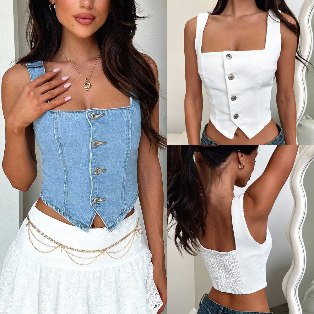 Women’s Denim Tank Top, Button Front Sleeveless Vest Top with 80% Polyester 20% Cotton Fabric, Solid Color Casual Camisole Shirt, Vintage Inspired Summer Top for Daily Wear & Stylish Outfits