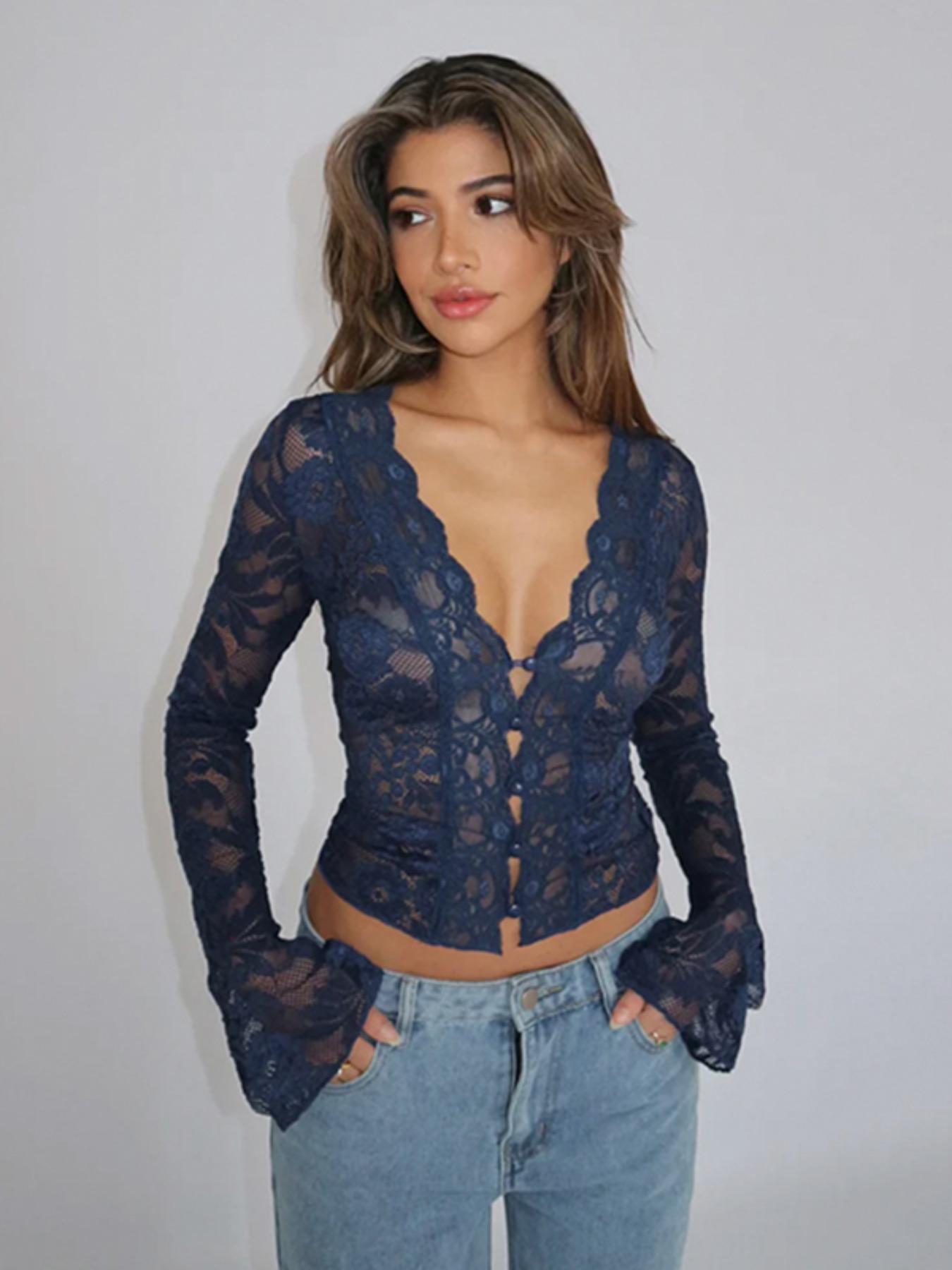 Women's Plain Lace Top, Elegant Long Sleeve V Neck Top for Spring, Women's Clothing for Daily Wear