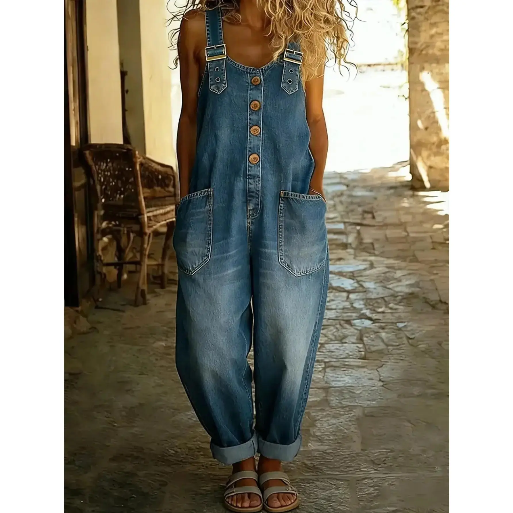 2026 Women's Casual Bohemian Jumpsuit, Baggy Wide-Leg Overalls with Button Front and Pockets, Loose Fit Fall Outfit, Lady