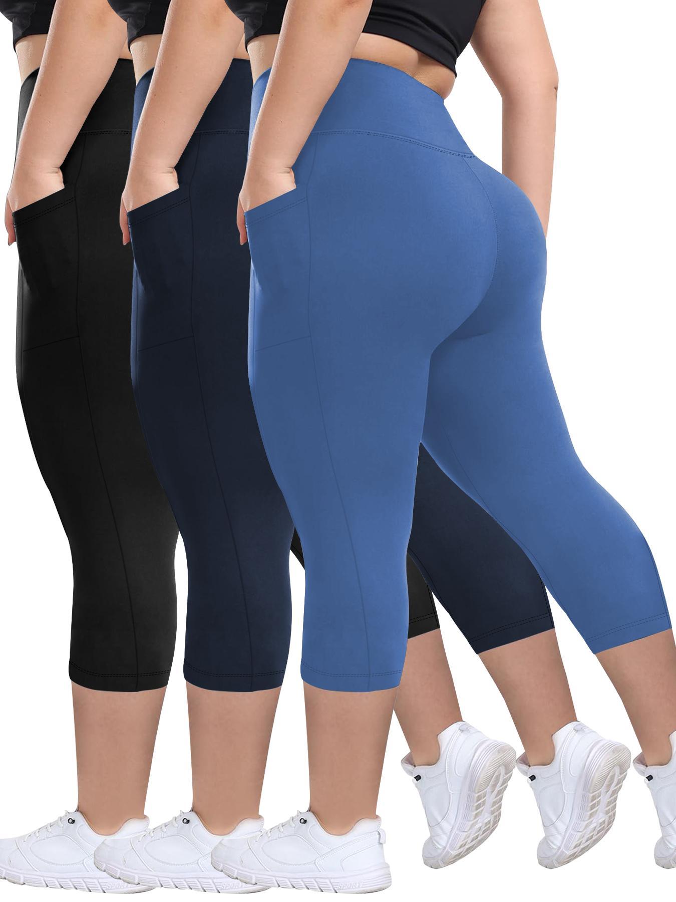 Plus Size Plain Pocket High Waist Capris Leggings, High Stretch Leggings, Casual Comfy Breathable Skinny Capri Pants for Daily Wear, Women's Plus Bottoms for Summer, Workout Clothes