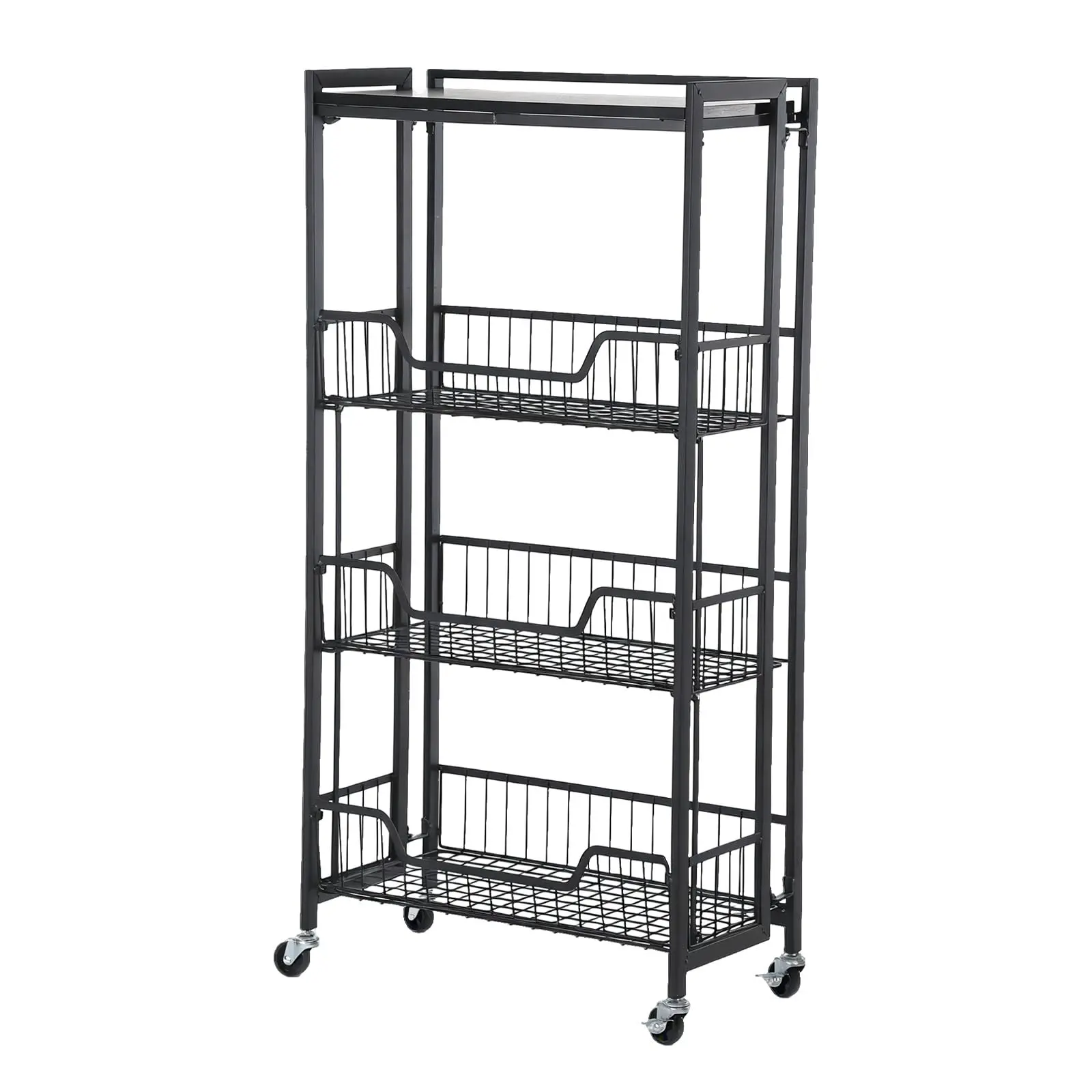Industrial Folding Kitchen Cart Space Saving Metal Mesh Rolling Utility Cart Portable Serving Trolley Coffee Bar Station Lockable Wheels Black