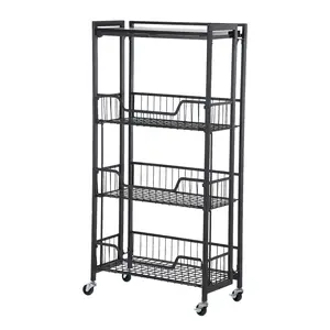 Industrial Folding Kitchen Cart Space Saving Metal Mesh Rolling Utility Cart Portable Serving Trolley Coffee Bar Station Lockable Wheels Black