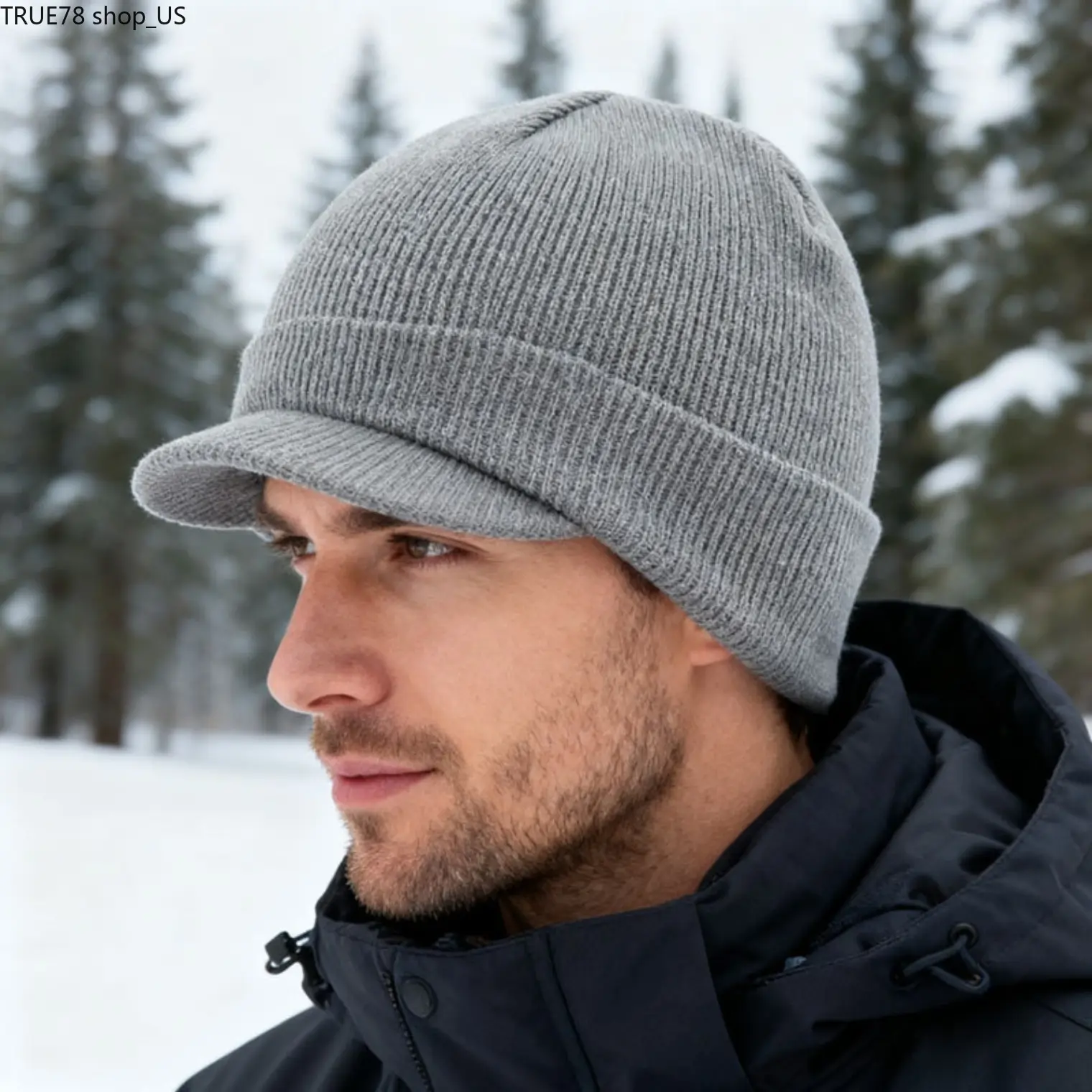 Men's Knit Visor Beanie Hat - Winter Warm Thick Ribbed Bill Cap with Brim, Windproof Cable Cuff Toboggan Skullie, Outdoor Skiing Running Slouchy Pullover Accessory, Running/Skiing