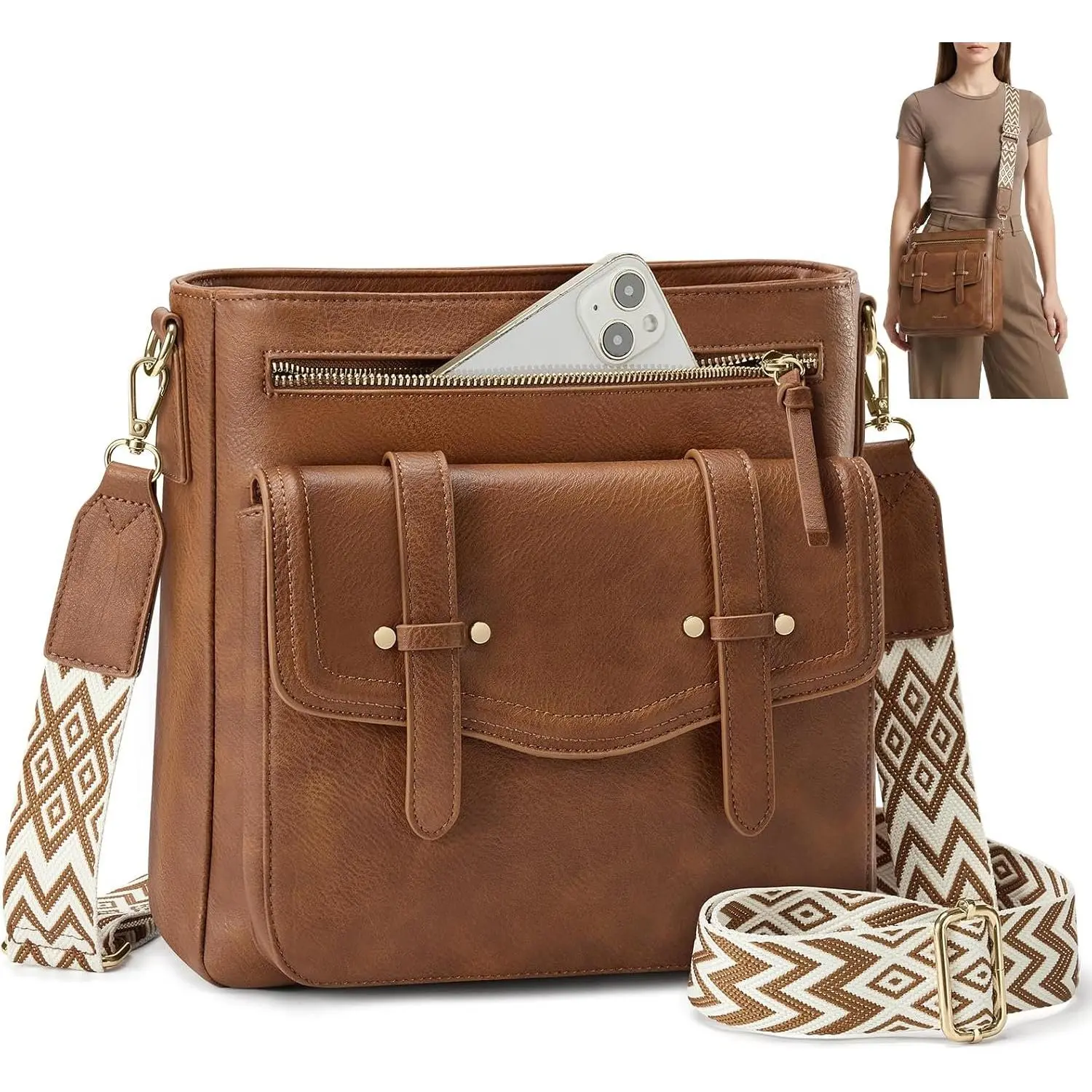 Women's Medium Leather Crossbody Bag - Lightweight Multi-Pocket Casual Purse with Wide Strap for Everyday Travel