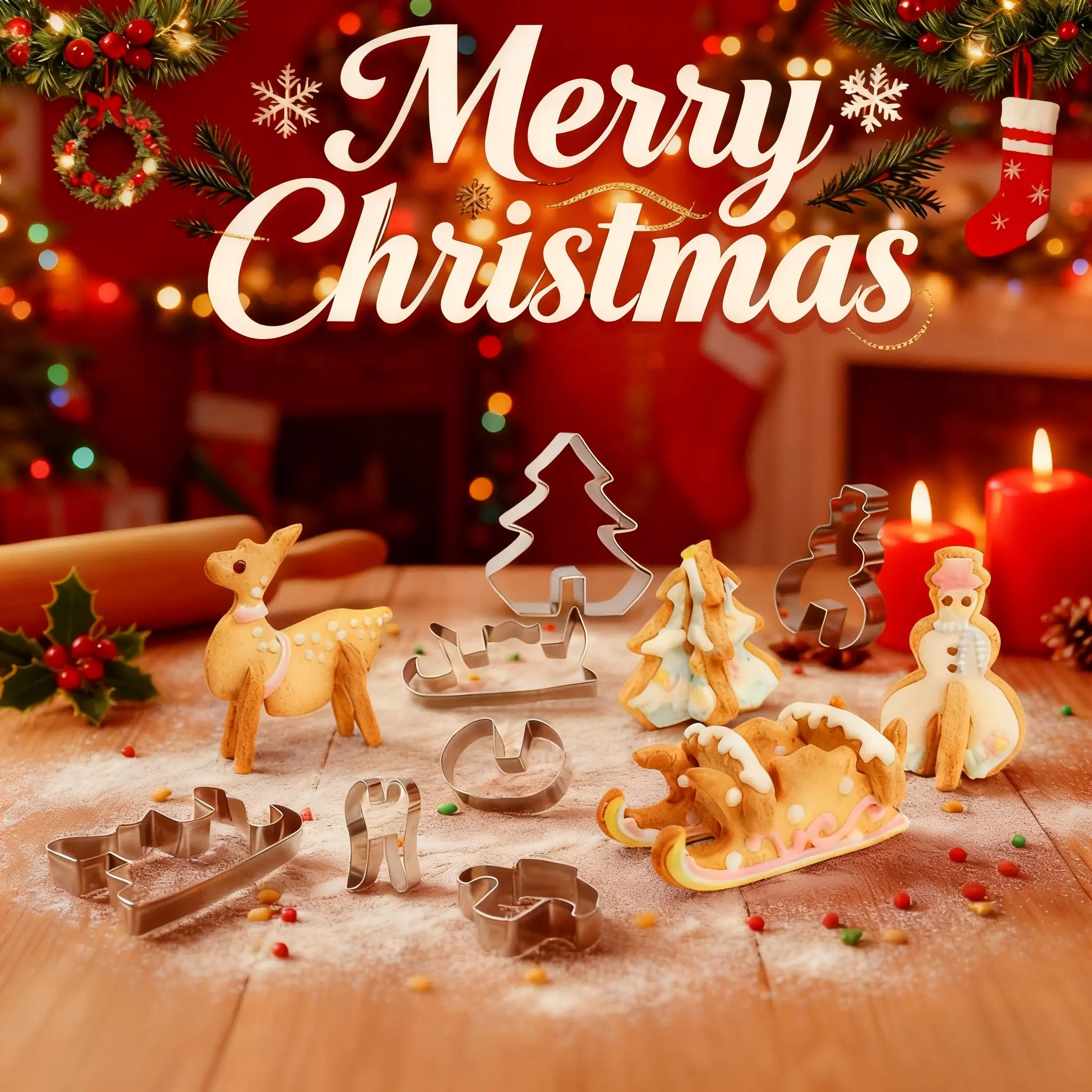 8-Piece Christmas 3D Cookie Mold Set, Stainless Steel Holiday Baking Molds, Reindeer, Sleigh, Tree, Snowman Shapes, Kitchen Tool for Festive Baking