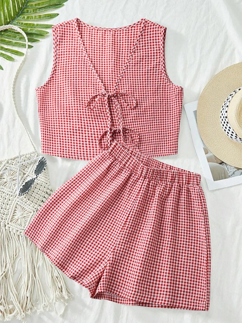 2-piece plaid striped vest and high-waisted loose shorts women's casual suit