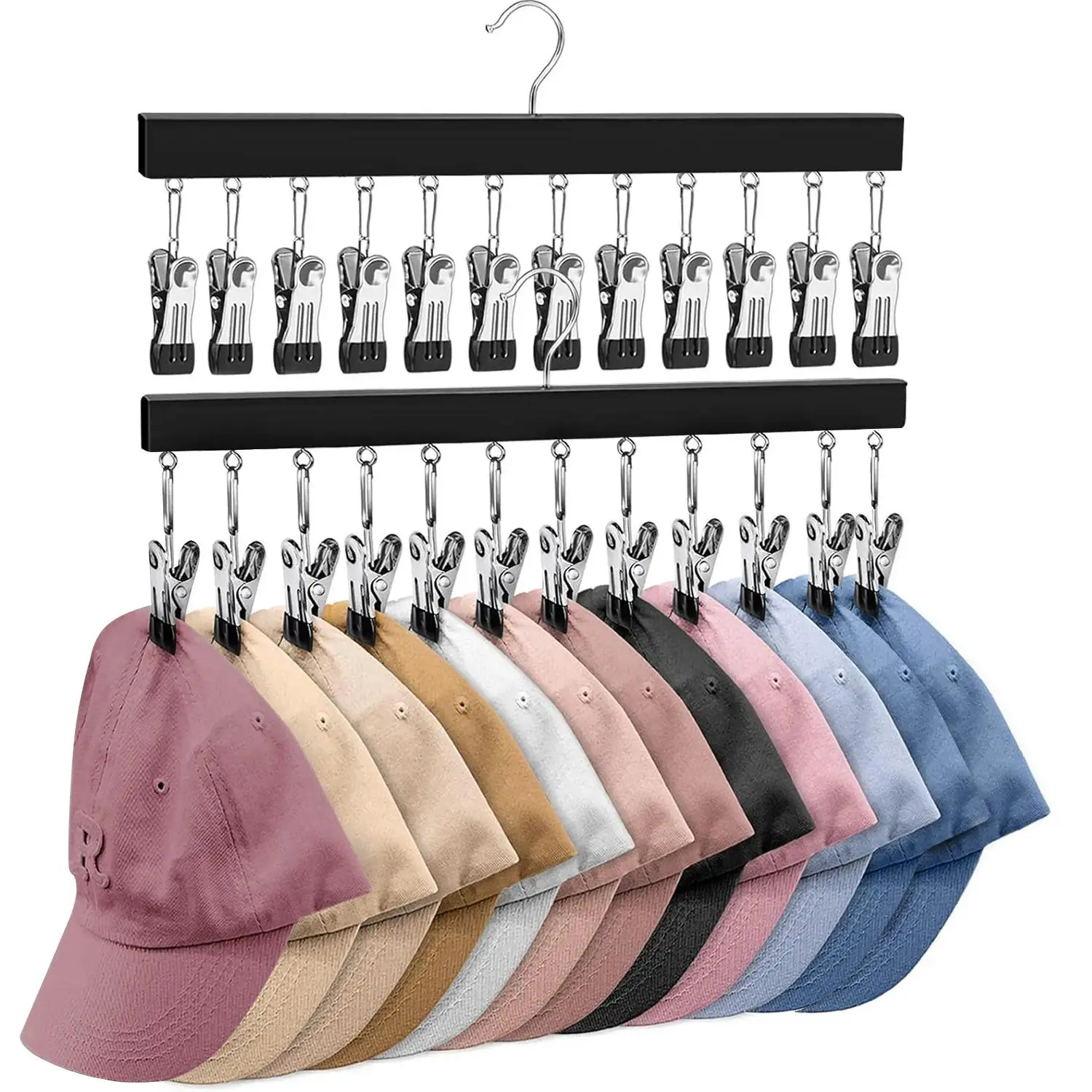 2-Pack Wooden Multipurpose Hanger with 12 Clips, Fits All Cap Sizes, Skirts, Ties & Leggings, Rustproof Rotating Hook for Home, Dorm & Travel, Practical Gift for Organization Lovers
