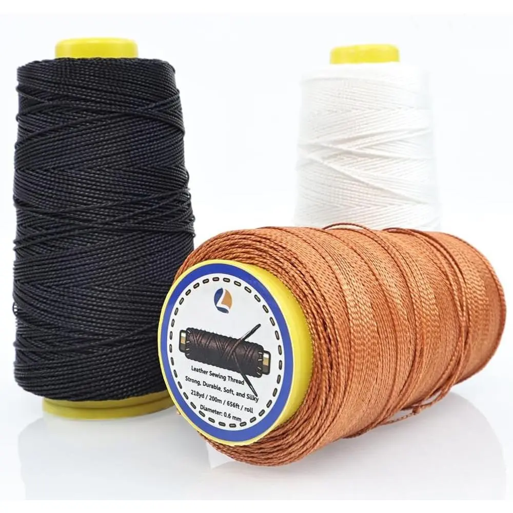 Heavy Duty Sewing Thread, 3 Rolls x 656 ft Extra  Upholstery Thread, Smooth Nylon Thread for Leather, Canvas, Outdoor Gear, Shoes (Black, White, Brown)