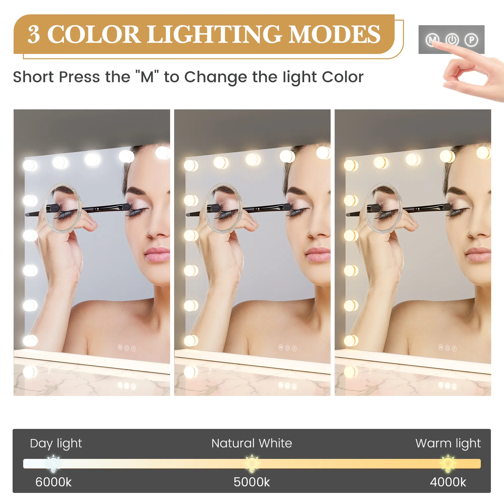 19" LED Vanity Mirror – Dimmable 3-Color Touch, 360° Swivel – Tabletop/Wall Mount, Aluminum Frame – Black Gold – Bathroom, Bedroom, Living Room