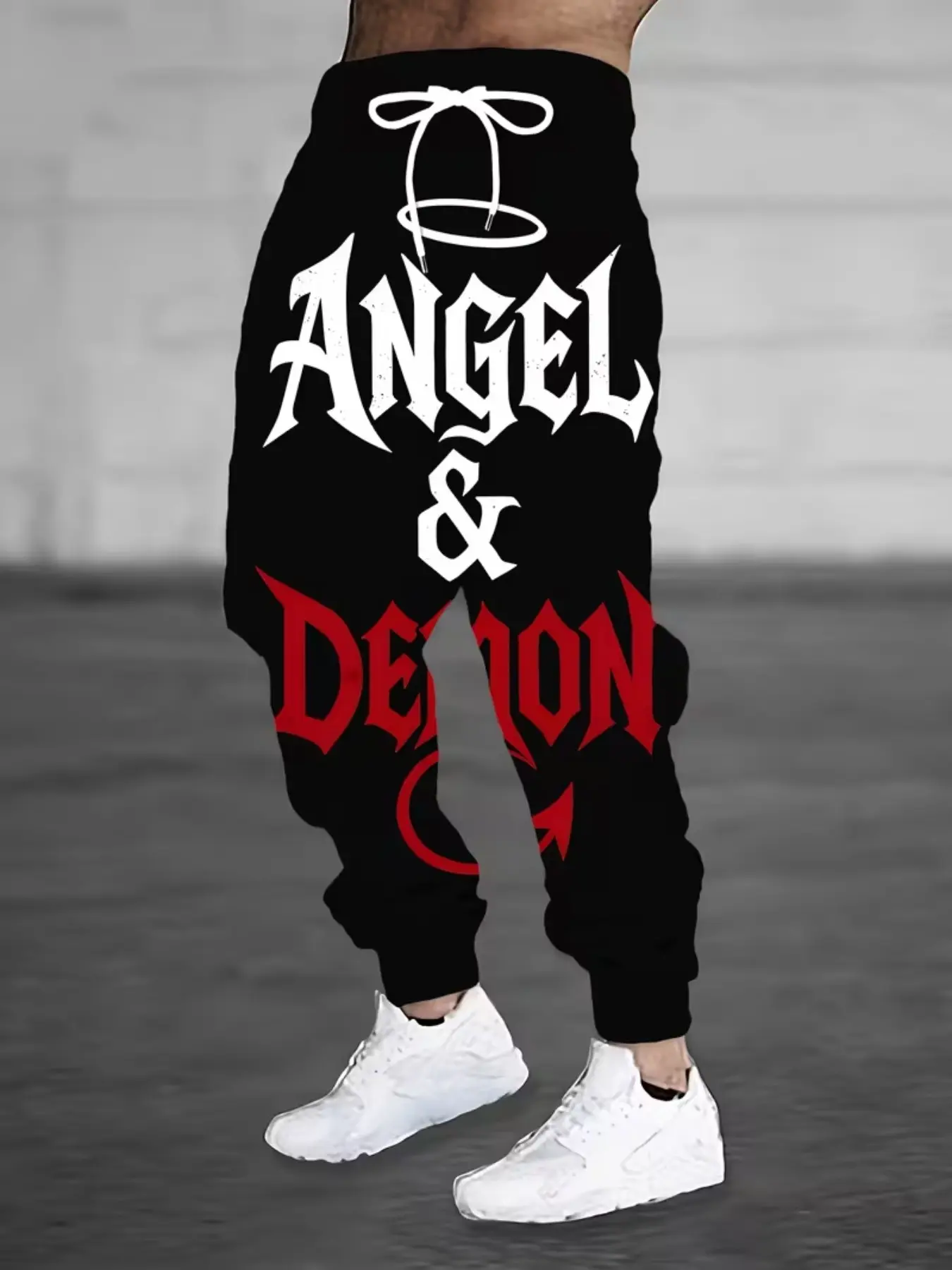 Men's Angel & Devil 3D Print Joggers, / Colorblock Loose Waist Sports Pants with Pockets, Comfortable All-Season Washable Trousers
