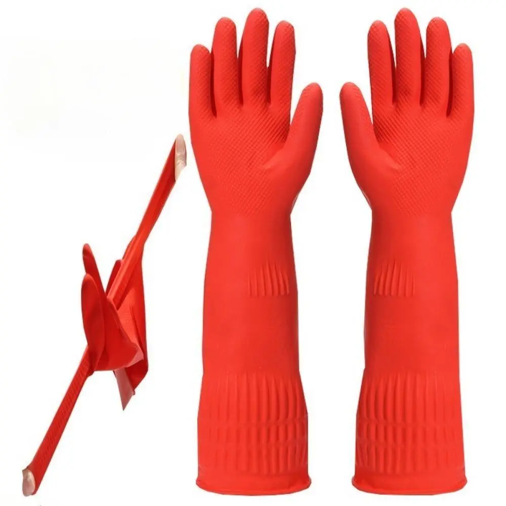 Extra Long Rubber Protective Gloves, 2-Pair Fleece-Lined Set for Kitchen Dishwashing & Household Cleaning, Thick Durable Waterproof Reusable, Textured Grip, Comfortable Bag Cleaning Care Accessories