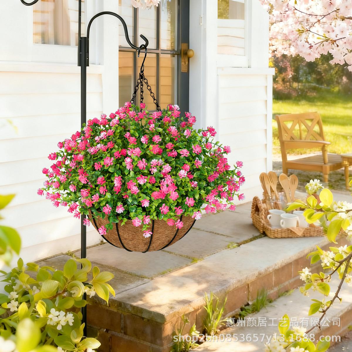 Artificial eucalyptus, camellia, and coconut palm flower baskets, hanging baskets, artificial flowers for home, garden, outdoor, and festive decorations