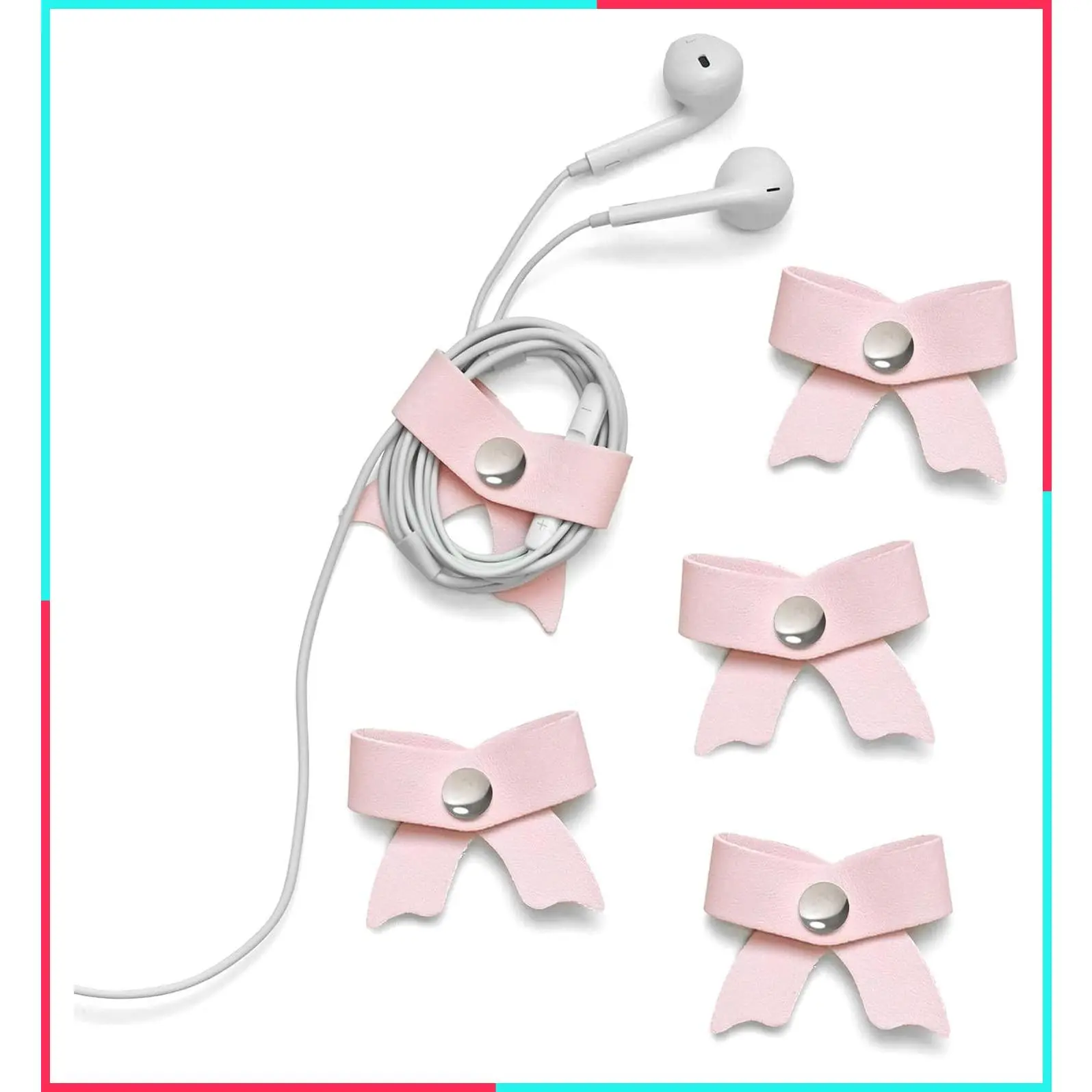 5 Pack Pink Leather Cord Organizer, Bow Cord Keeper, USB Cable Holder, Cable Management Straps, Earphone Winder, Storage Straps for Electronics & Earbuds, Small