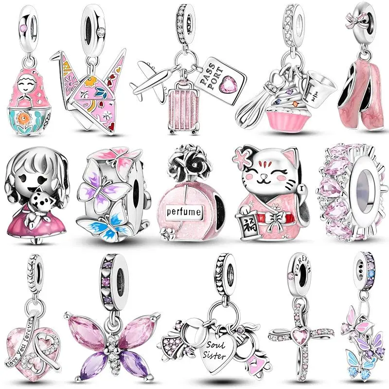Pink Charms Cute Lovely Beads Butterfly Perfume Girl Original Dangle Charms Fit Bracelet Pendant Making For Woman Jewelry