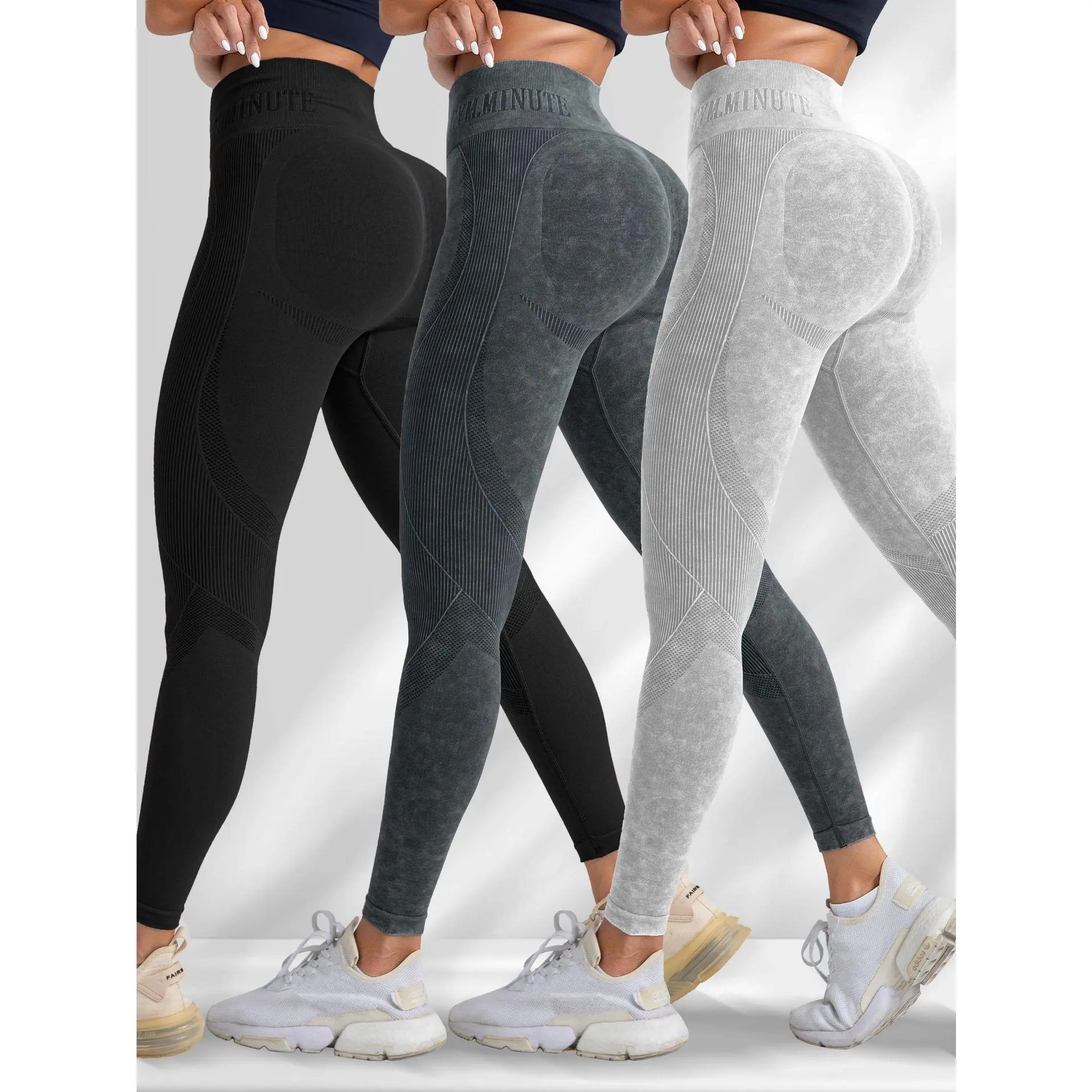 Women All Season 3 Piece Set Seamless Sport High Waist Trousers Tummy Slimming Scrunch Wrinkle Peach Butt Lift Stretch Yoga Gym Running Workout Leggings