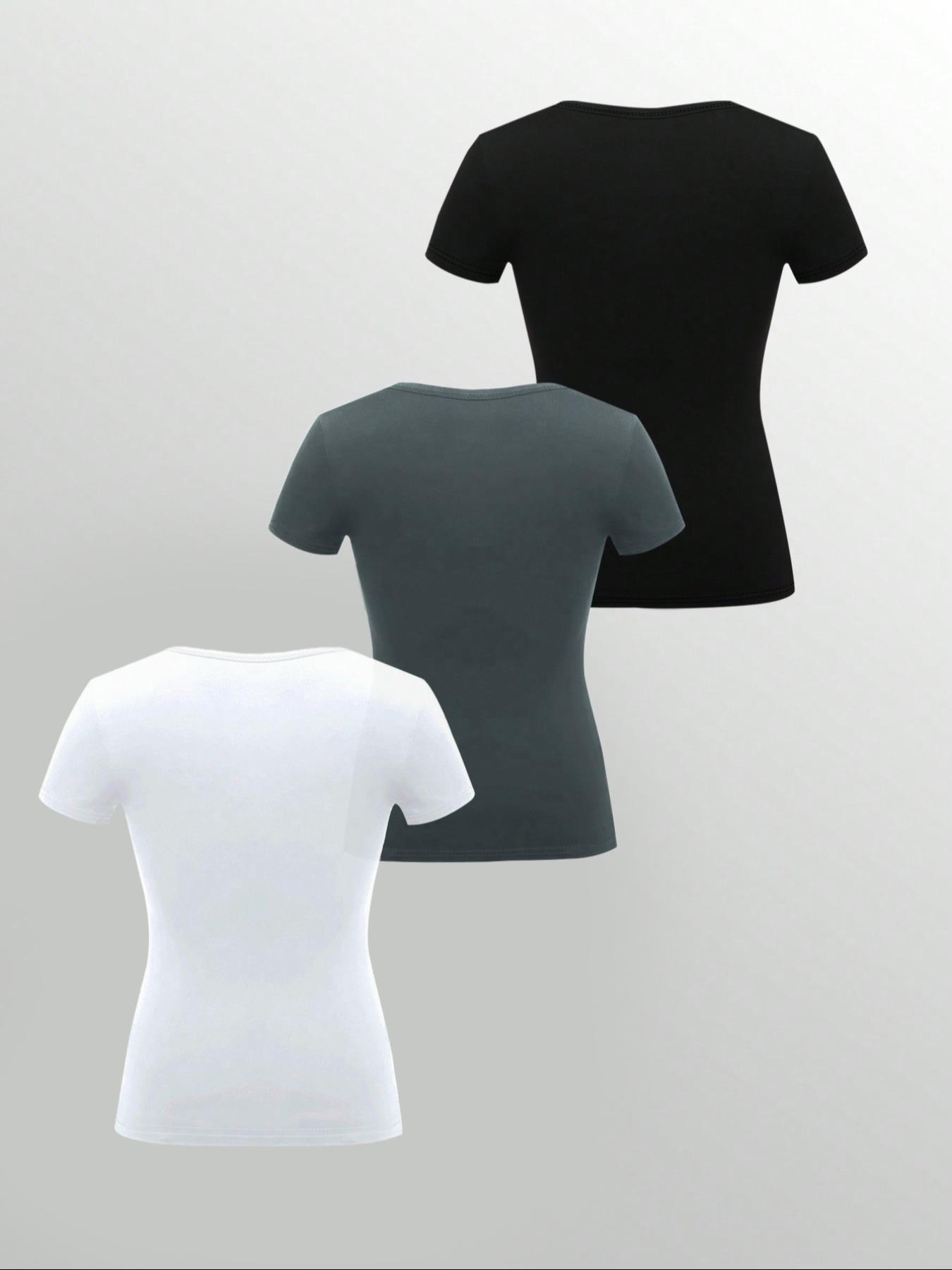 Women's Solid Button Round Neck Tee, Casual Short Sleeve Fitted T-shirt for Daily Wear, Ladies Clothes for All Seasons