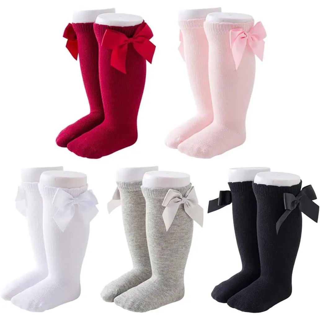 High-Quality Baby Girl Knee-High Bow Stockings, 0-12 Months/1-3T Non-Skid Socks, 5-Pair Infant Toddler Accessories with Affordable Prices, Fast Shipping, A Non-Skid 5 Pairs