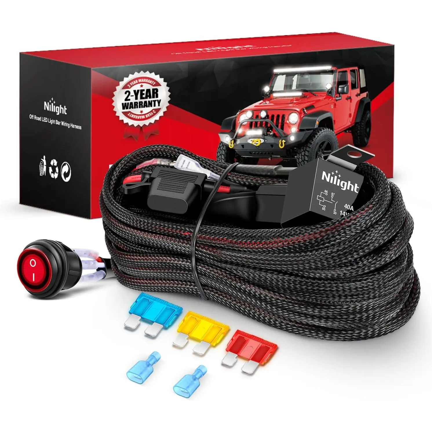 Nilight 14 AWG Stranded Wire Wiring Harness Kit - Nylon 1-Lead 12V 3-Pin On/Off Rocker Switch, Overload Safe Power Relay, Blade Fuse for LED Light Bar, Off Road Lights on Cars, Motorcycles, Trailers, Ships, Yachts