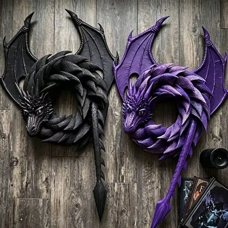 3D Printed Dragon Wreath, Gothic Dragon Mythical Wall Hanging Decor, Textured Scales, Halloween Home Decoration Gift