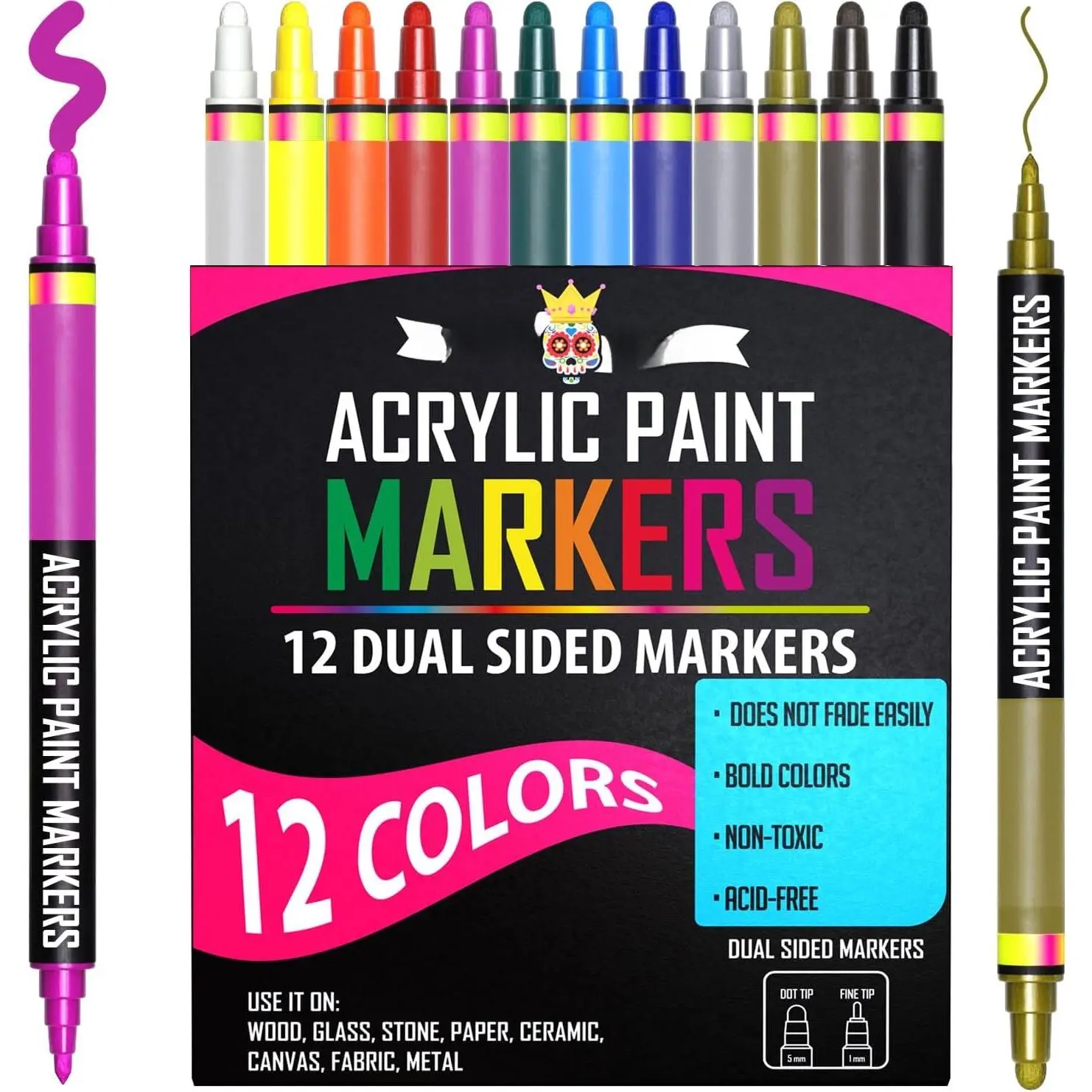 Markers  Tip (12 Pack) -  Markers  Pens for Rocks - Bold   Pens Fine Tip and Dot Tip - Fabric Makers Permanent for Clothes Water Based Markers -