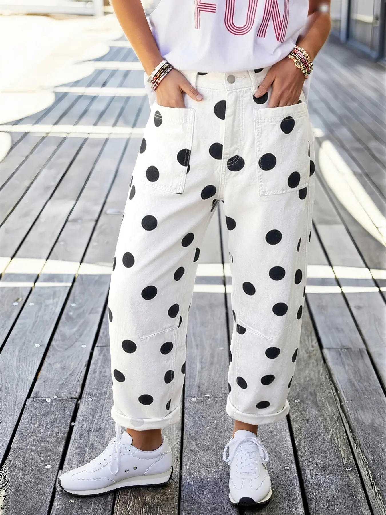 Women's Cotton Polka Dot Print Wide Leg Pants, Casual Street Trousers, Slimming and Concealing, Casual Streetwear, Summer Fashion, Korean Style, Versatile Design