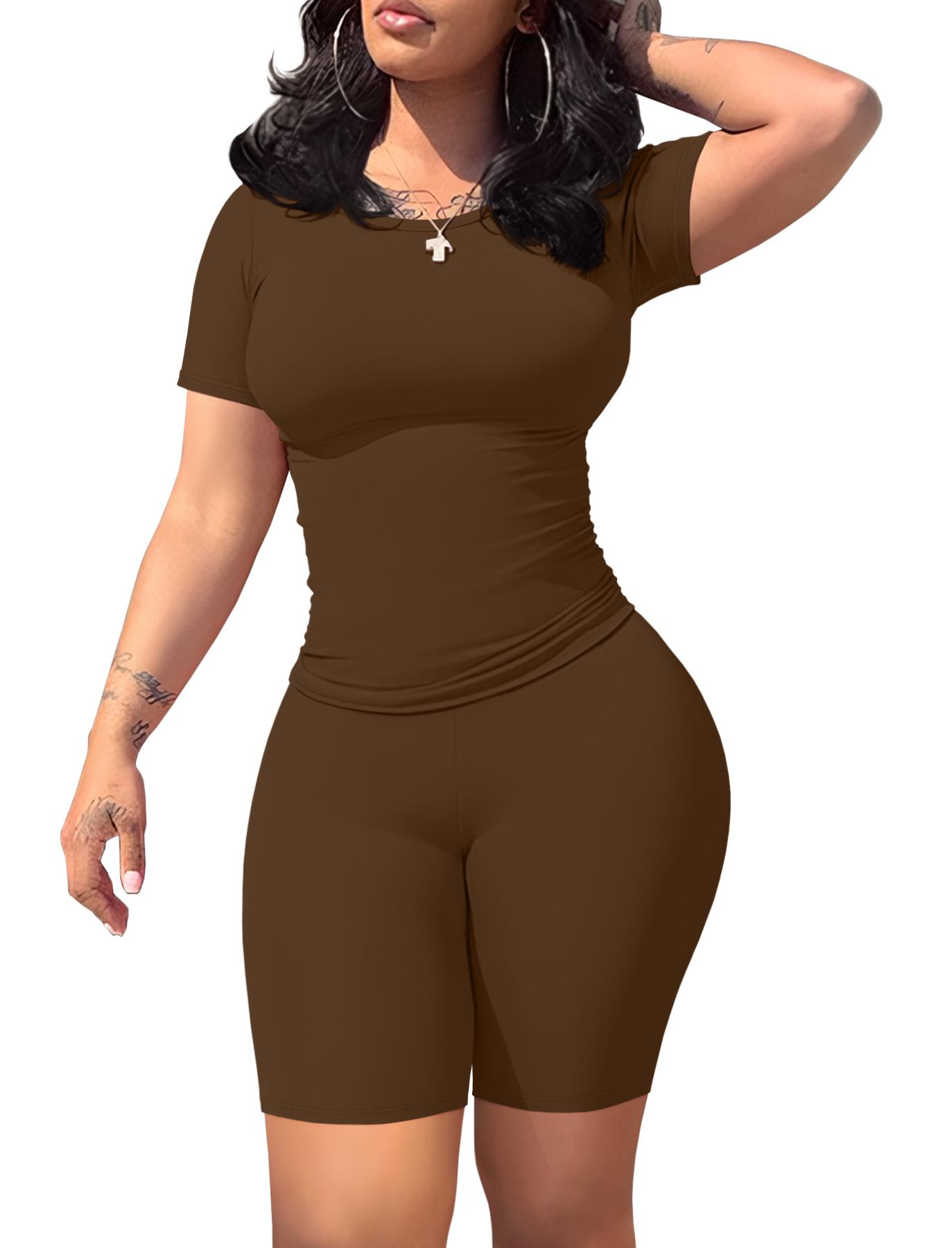 Women's Solid Ribbed Crop Top & Skinny Shorts Two-piece Set, Casual Fashion Cozy Breathable Two Piece for Daily Outdoor Wear, Ladies Clothes for Spring & Fall, Casual Gym Wear, Sportswear for Gym, Yoga Gym Activewear