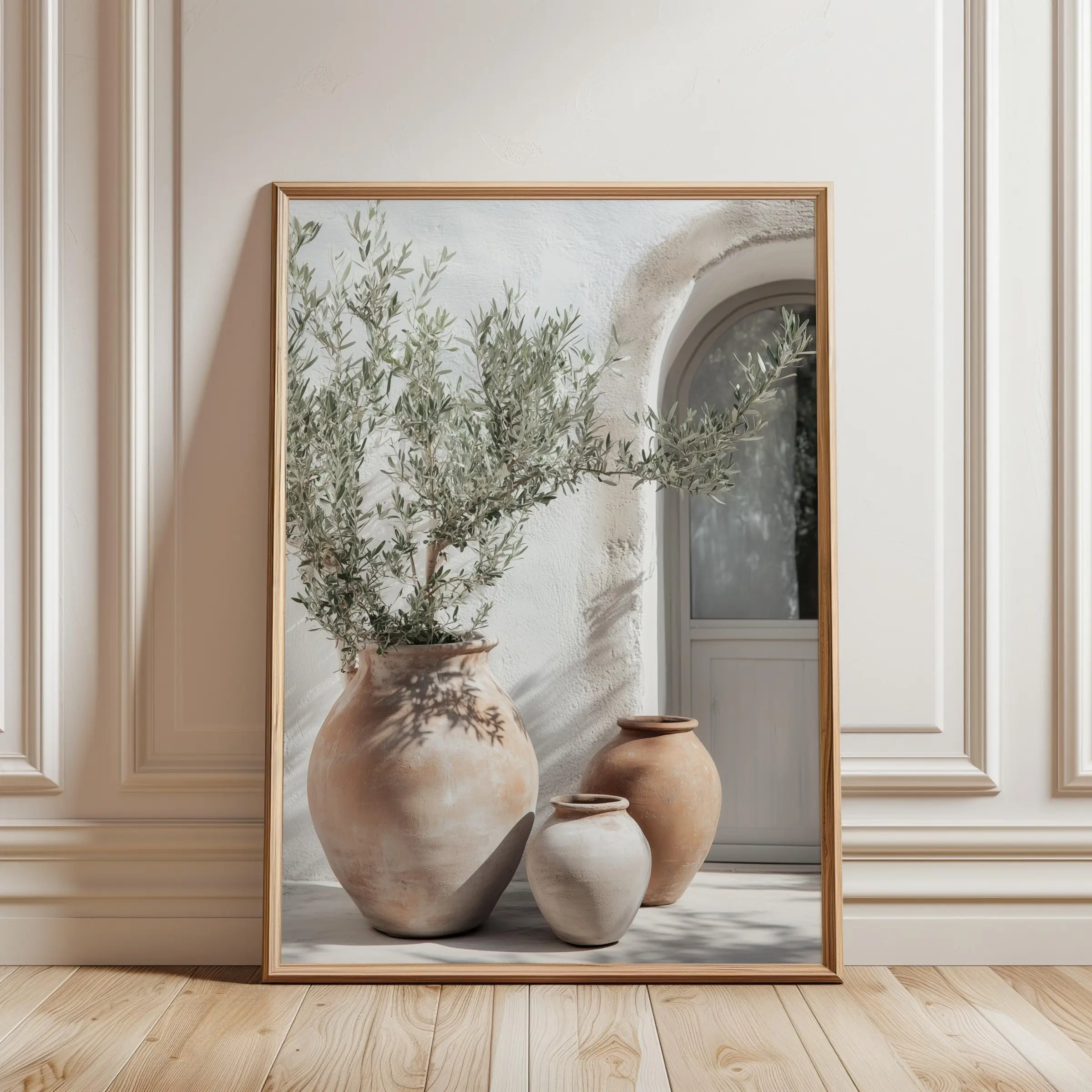 1pc Terracotta Jars And Olive Branch Poster, Unframed Neutral Boho Mediterranean Wall Print, White Stucco Arch Door Botanical Decor Wall Art, Creative Art Picture for Living Room, Bedroom & Home, Wall Decor, No Frame