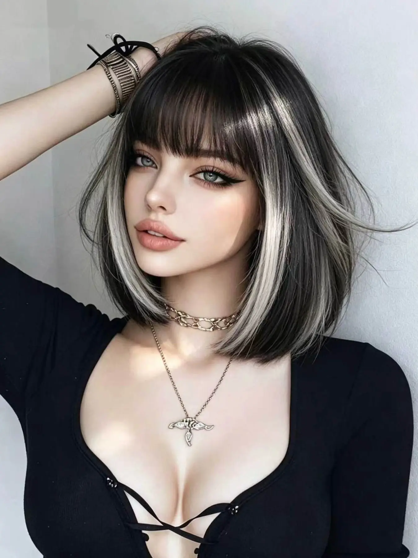 10 Inch Base Highlights Bob Wig, Straight Synthetic Hair with Bangs, Adjustable Mesh, Women's Daily and Halloween Party Wig