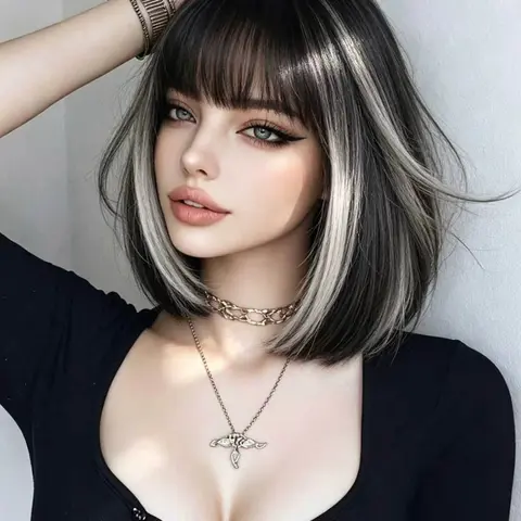10-Inch Base Highlights Sleek Bob Wig, Straight Synthetic Hair with Bangs, Adjustable Mesh, Women's Daily & Halloween Party Wig