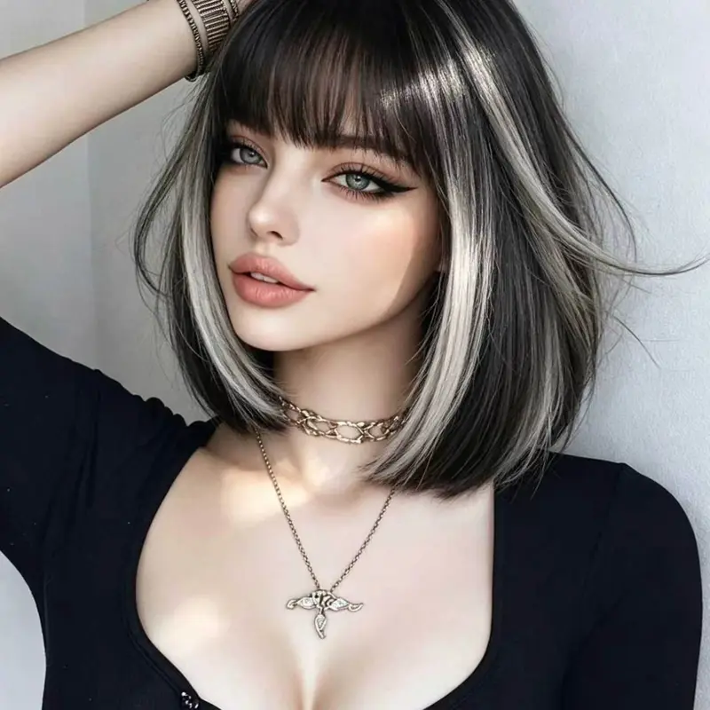 10-Inch Base Highlights, Straight Synthetic Hair with Bangs, Adjustable Mesh, Women's Daily & Halloween Party Wig, Straight Cut Bangs