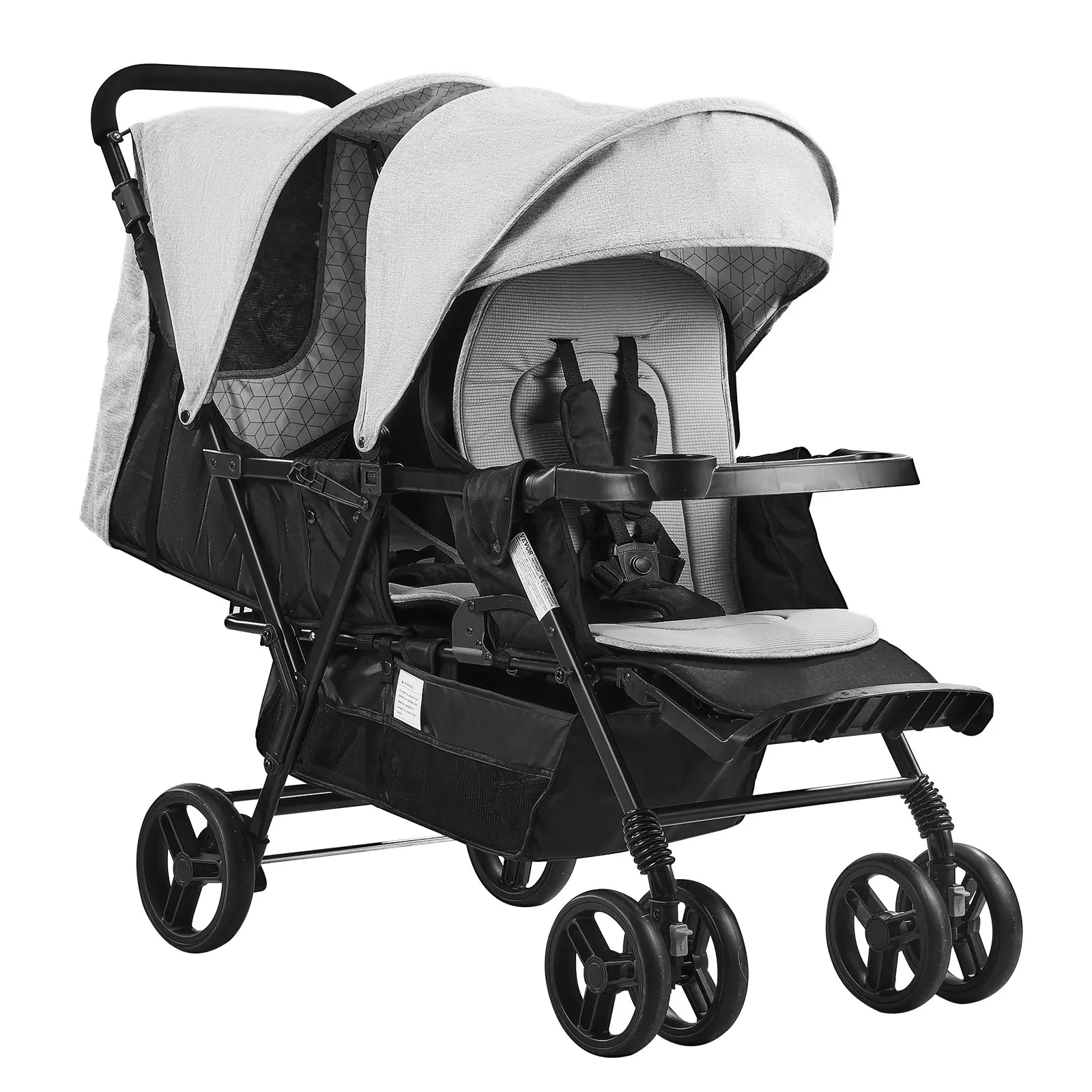 VEVOR Double Stroller, Foldable Lightweight Twin Stroller with Tandem Seating, Adjustable Backrest/Footrest, Wrap-Around Safety Harness, Storage Basket Tray, for Newborn Toddler (Light Gray, Black)